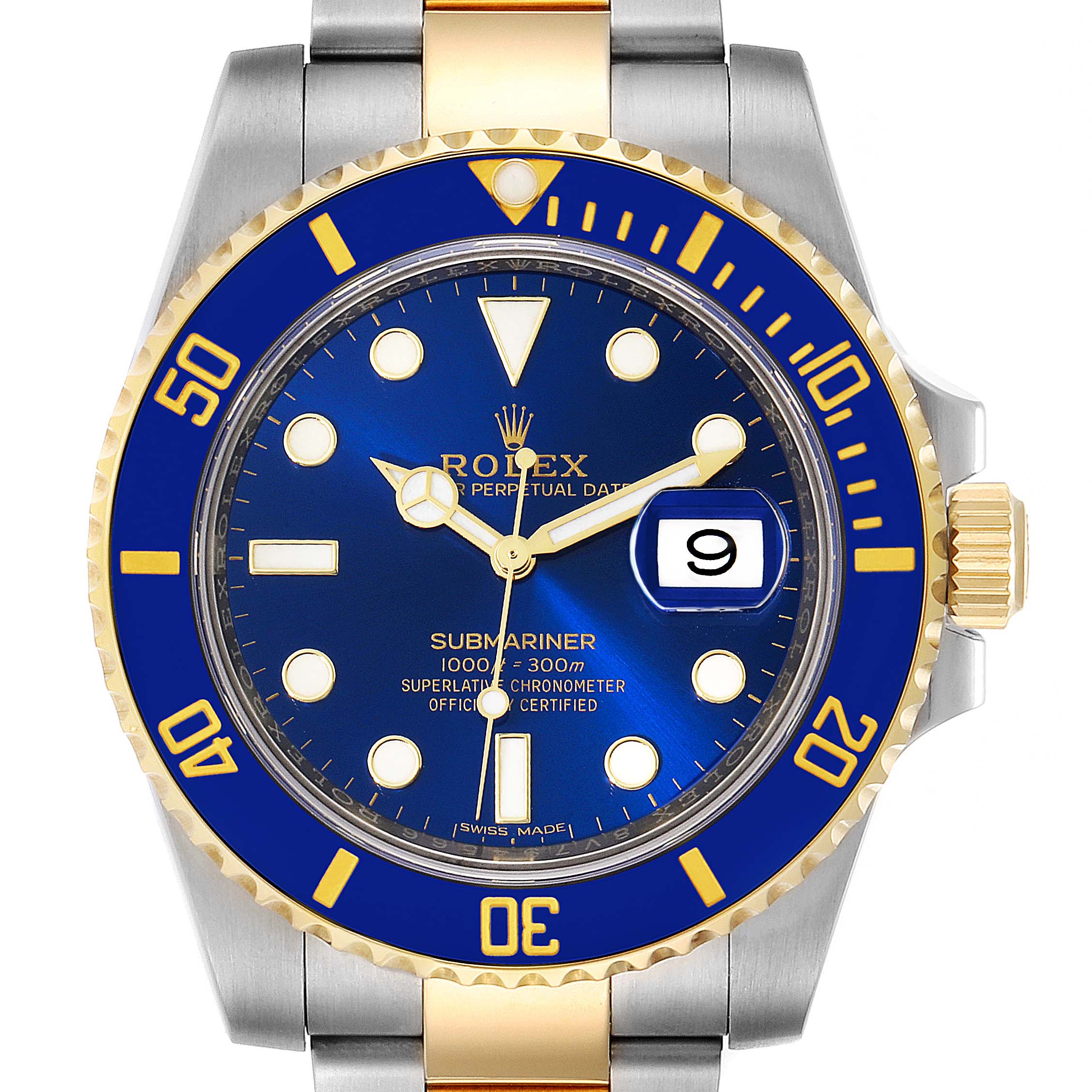 The image shows a front view of a Rolex Submariner 116613 Men's Steel and Gold (two tone) Blue Dial 116613 Men's Steel and Gold (two tone) Blue Dial watch, highlighting the blue dial, date display, bezel, and bracelet.