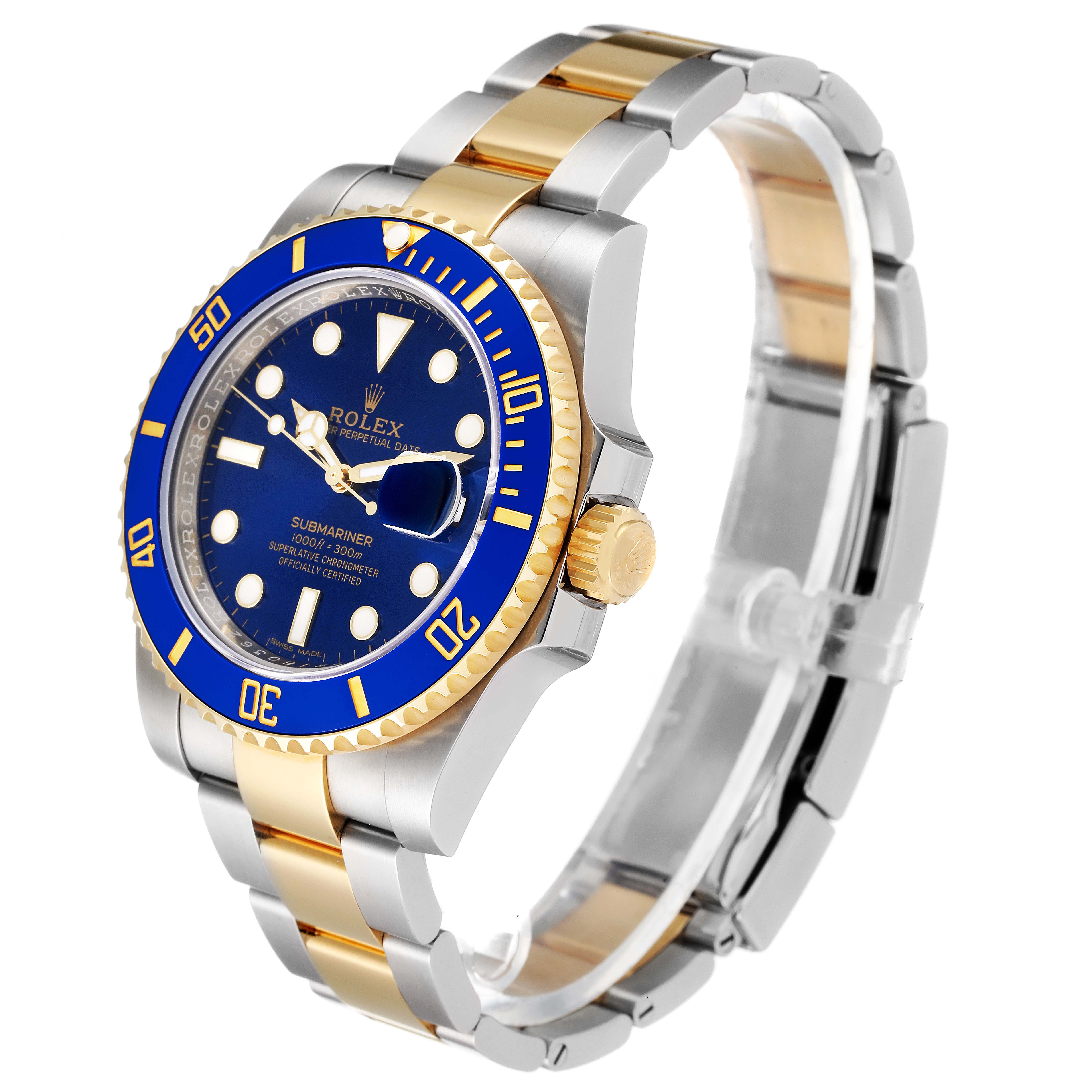 The image shows a Rolex Submariner 116613 Men's Steel and Gold (two tone) Blue Dial 116613 Men's Steel and Gold (two tone) Blue Dial watch at a three-quarter angle, highlighting the blue dial, bezel, and two-tone bracelet.