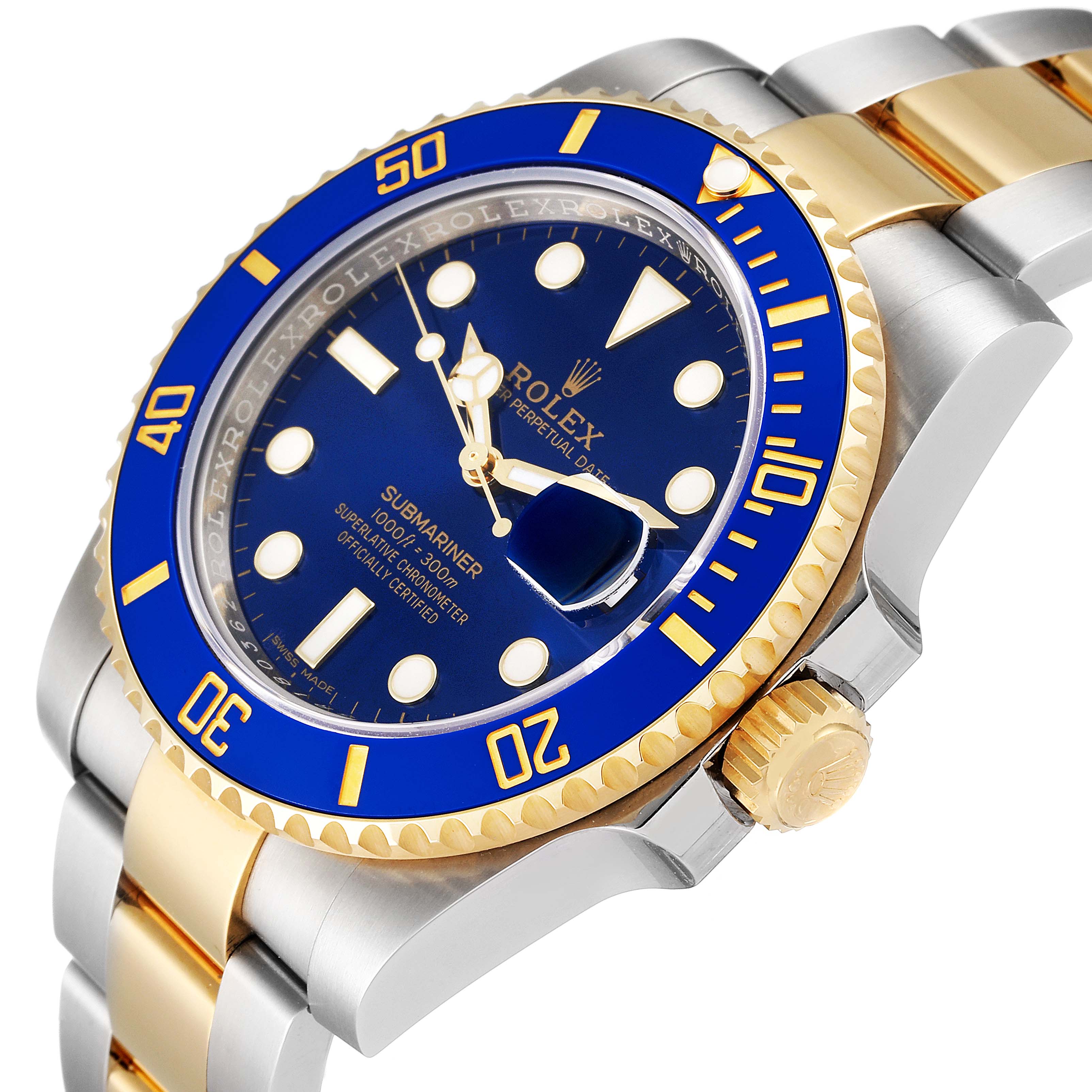 This image shows a Rolex Submariner 116613 Men's Steel and Gold (two tone) Blue Dial 116613 Men's Steel and Gold (two tone) Blue Dial watch at an angled view, highlighting the bezel, dial, and bracelet.