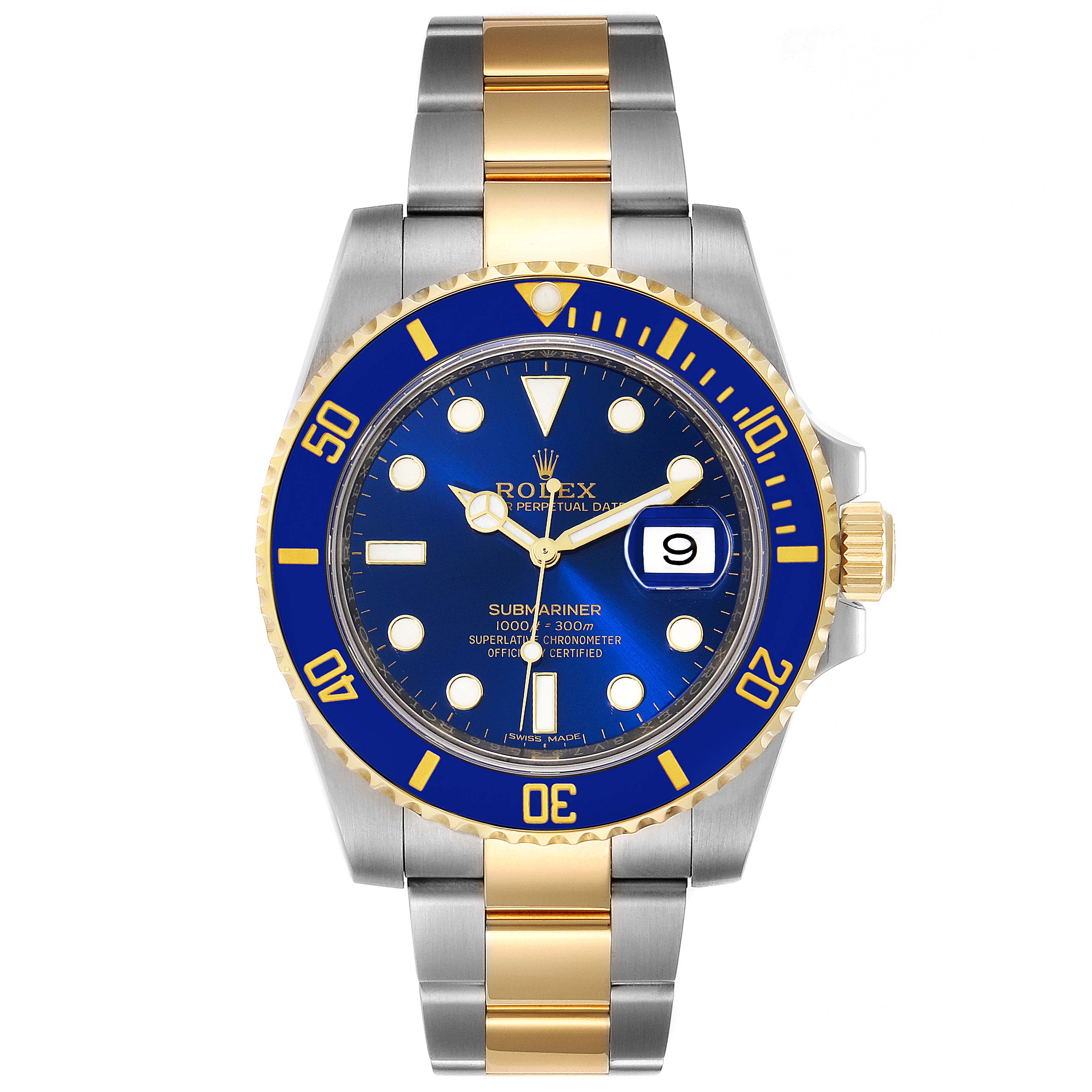 This image shows a Rolex Submariner 116613 Men's Steel and Gold (two tone) Blue Dial 116613 Men's Steel and Gold (two tone) Blue Dial watch from a front angle, displaying its blue dial, gold bezel, and two-tone bracelet.