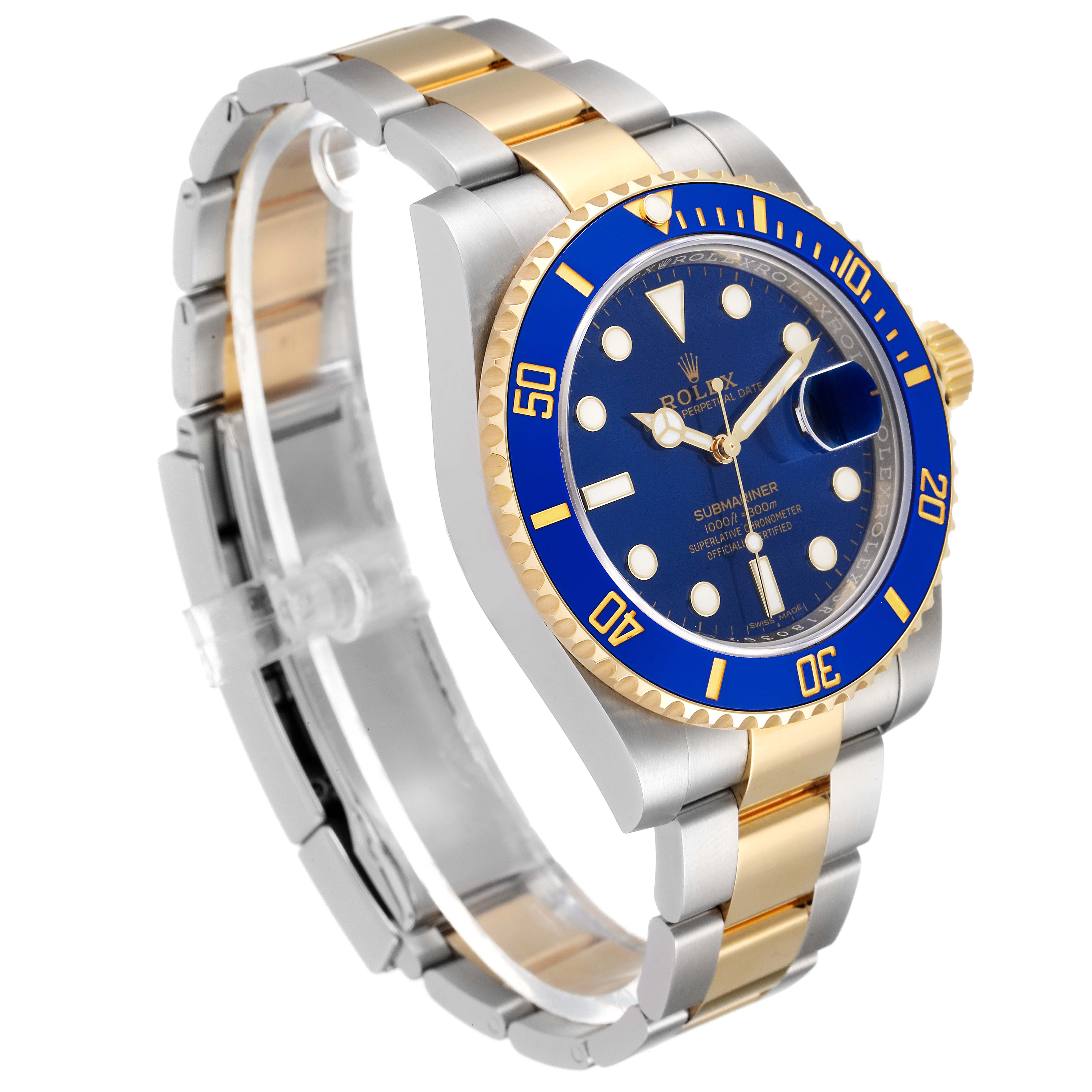 The image shows a Rolex Submariner 116613 Men's Steel and Gold (two tone) Blue Dial 116613 Men's Steel and Gold (two tone) Blue Dial watch from an angle, highlighting its blue dial, bezel, and two-tone metal bracelet.