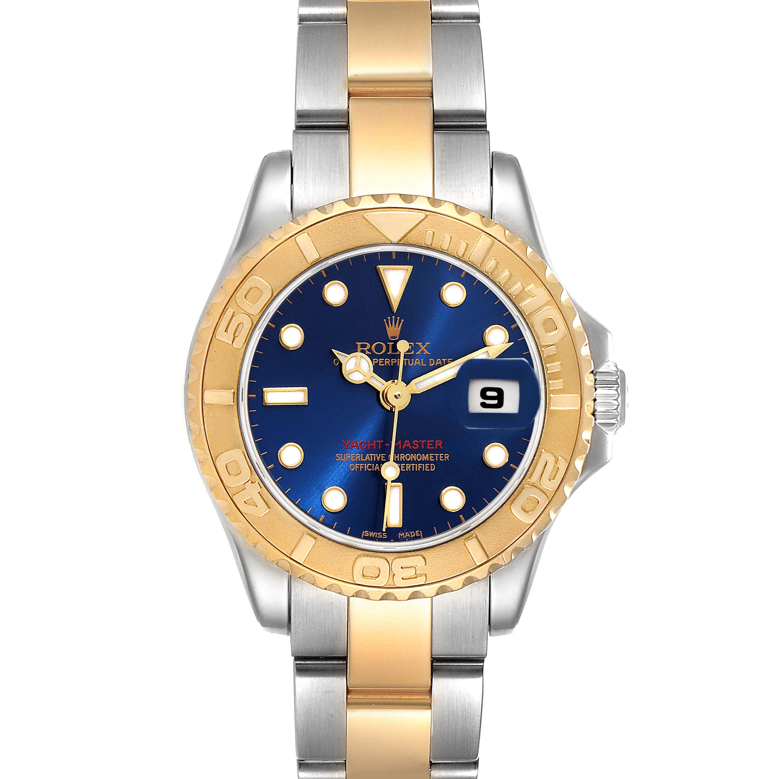 The Rolex Yacht-Master 169623 Women's Steel and Gold (two tone) Blue Dial 169623 Women's Steel and Gold (two tone) Blue Dial model is shown from a front angle, displaying the bezel, dial, hands, and bracelet.