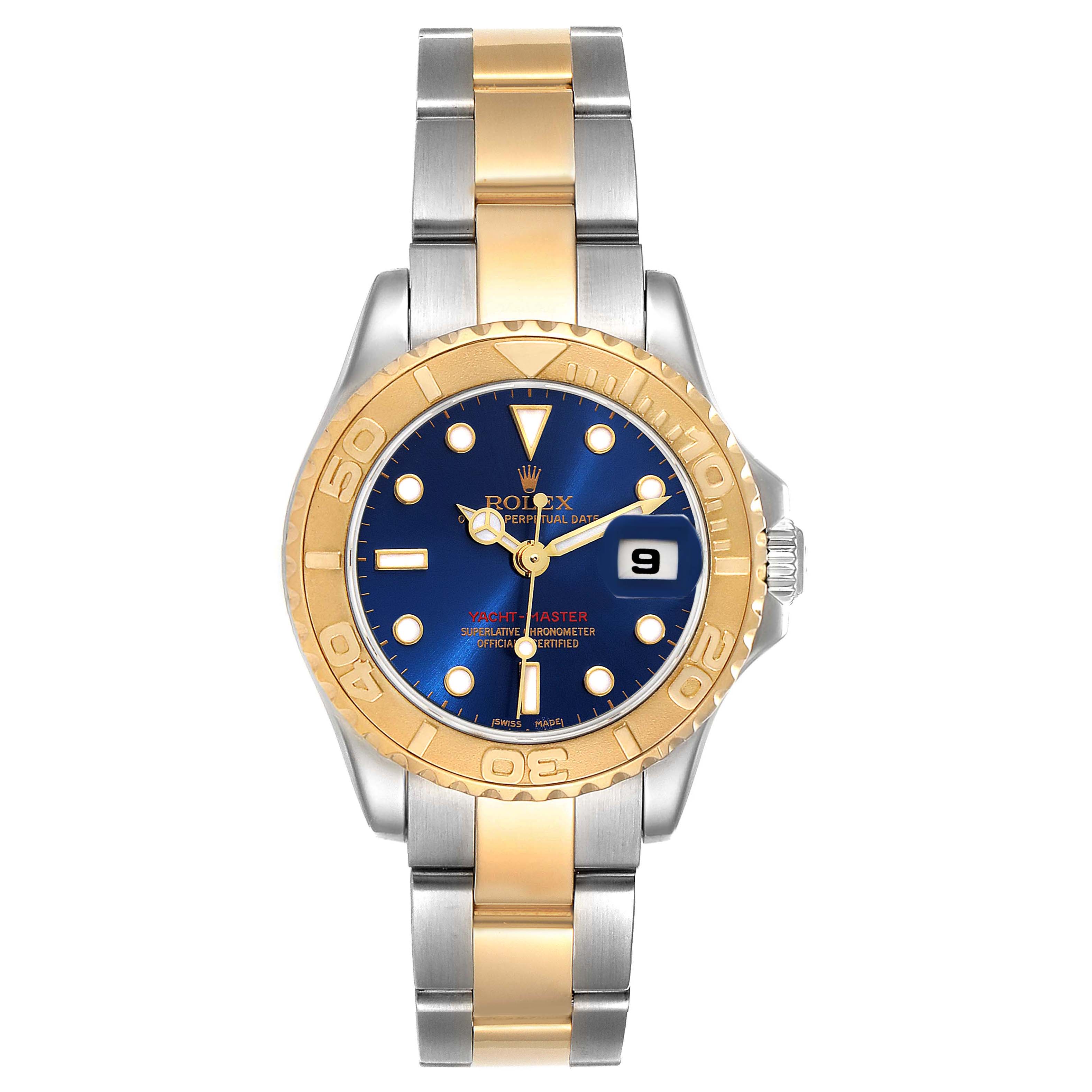This image shows a frontal view of the Rolex Yacht-Master 169623 Women's Steel and Gold (two tone) Blue Dial 169623 Women's Steel and Gold (two tone) Blue Dial watch, displaying its gold and silver bracelet, blue dial, and date feature.