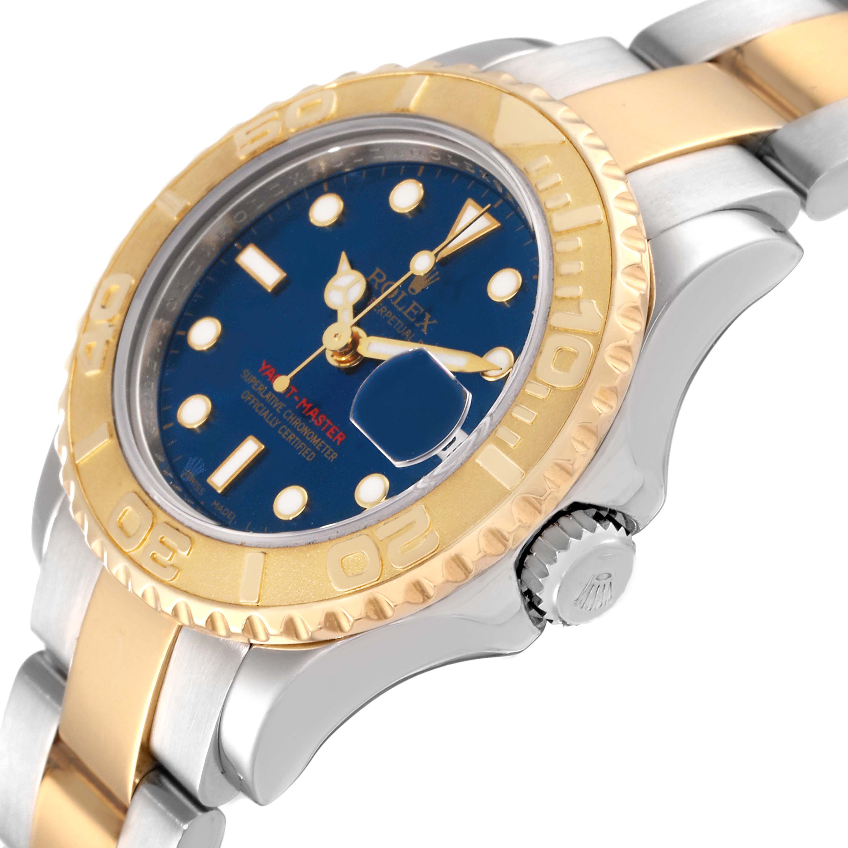 This Rolex Yacht-Master 169623 Women's Steel and Gold (two tone) Blue Dial 169623 Women's Steel and Gold (two tone) Blue Dial watch is shown from a side angle, highlighting the bezel, crown, and part of the band.