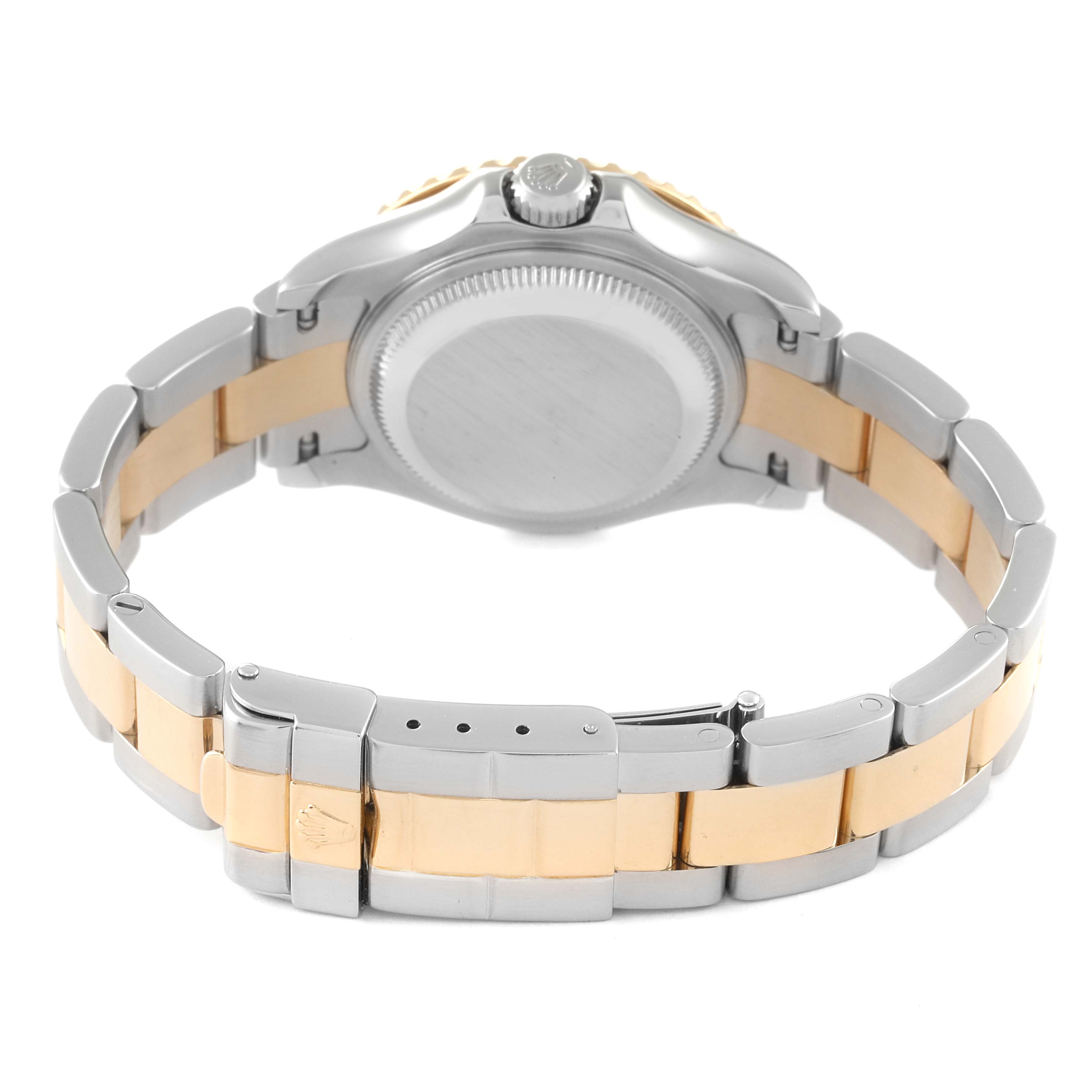 This image shows the back view of a Rolex Yacht-Master 169623 Women's Steel and Gold (two tone) Blue Dial 169623 Women's Steel and Gold (two tone) Blue Dial watch, highlighting its clasp and bracelet links.