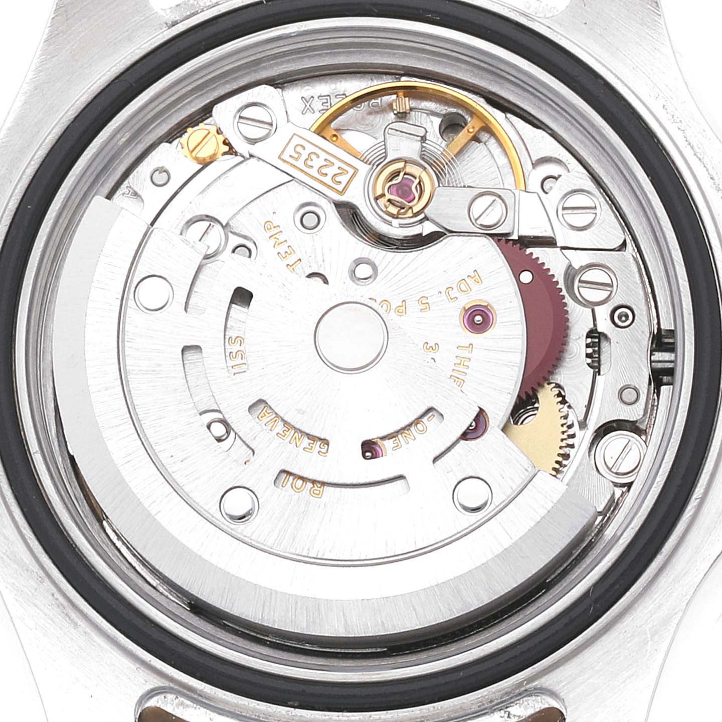 The image shows a close-up, internal view of the Rolex Yacht-Master 169623 Women's Steel and Gold (two tone) Blue Dial 169623 Women's Steel and Gold (two tone) Blue Dial watch, revealing its intricate movement components.