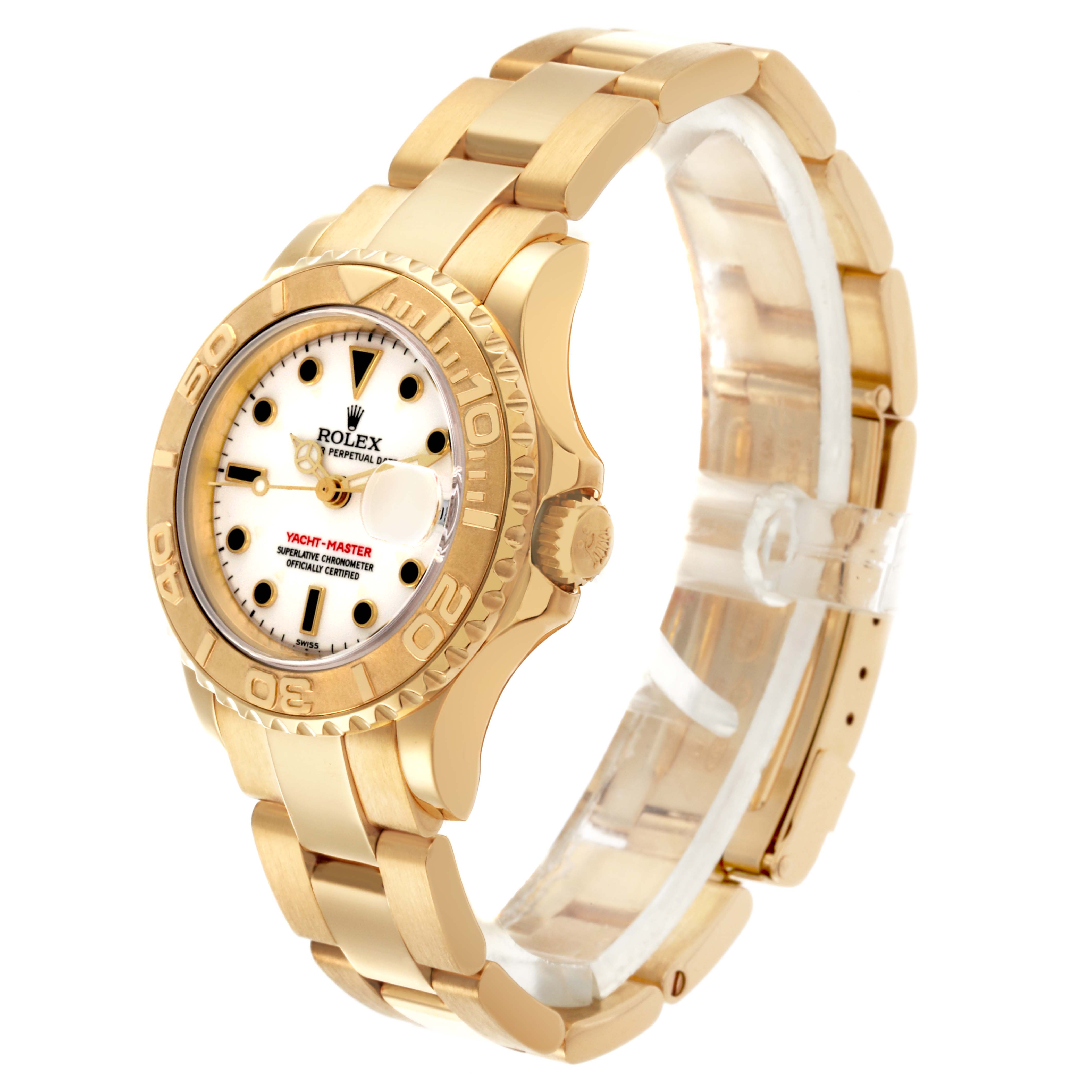 The Rolex Yacht-Master 169628 Women's Yellow Gold White Dial 169628 Women's Yellow Gold White Dial watch is shown in a three-quarter angle, displaying the dial, bezel, and bracelet.