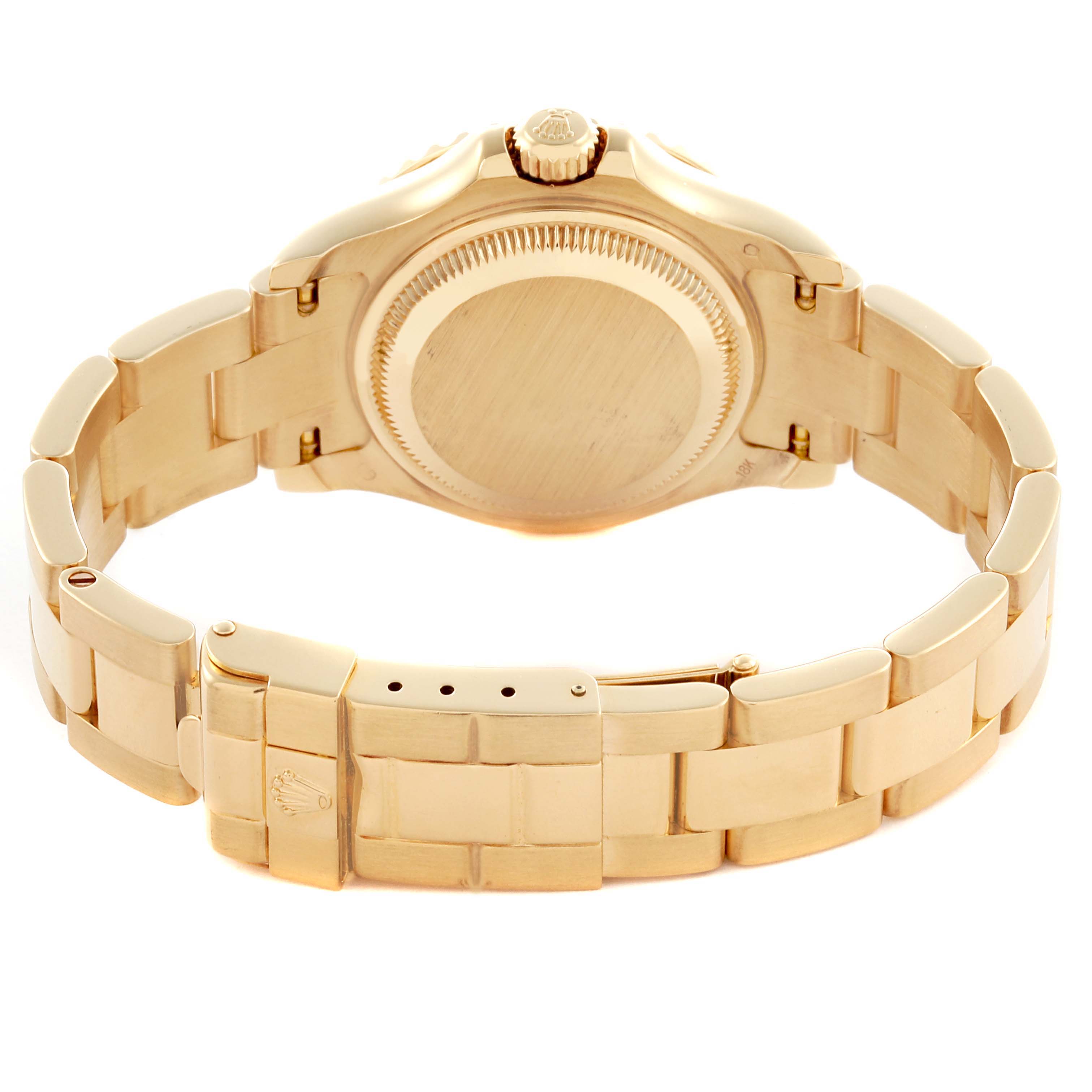 The Rolex Yacht-Master 169628 Women's Yellow Gold White Dial 169628 Women's Yellow Gold White Dial watch is shown from the back, highlighting the clasp, bracelet, and case back.