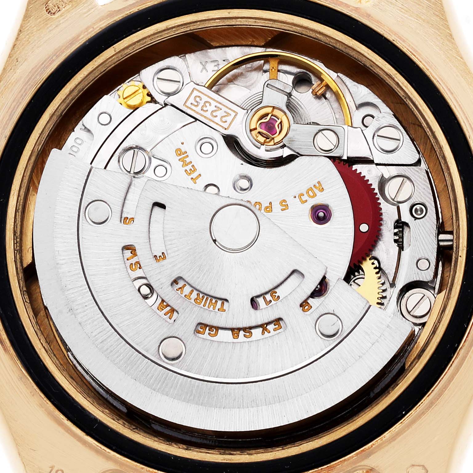 The image shows the movement and internal mechanics of the Rolex Yacht-Master 169628 Women's Yellow Gold White Dial 169628 Women's Yellow Gold White Dial watch from a top-down angle.