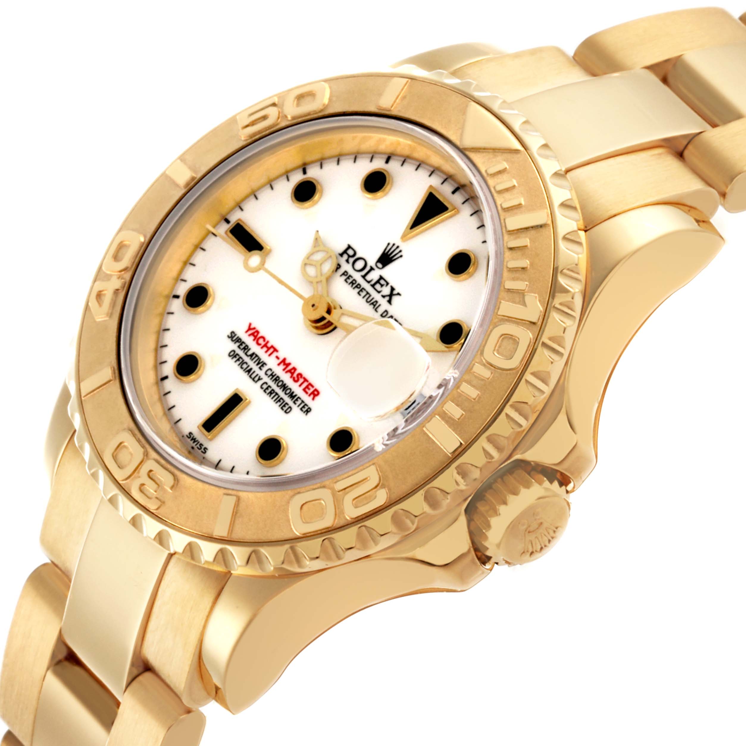 The Rolex Yacht-Master 169628 Women's Yellow Gold White Dial 169628 Women's Yellow Gold White Dial watch is shown at an angled view, highlighting the dial, bezel, bracelet, and crown.