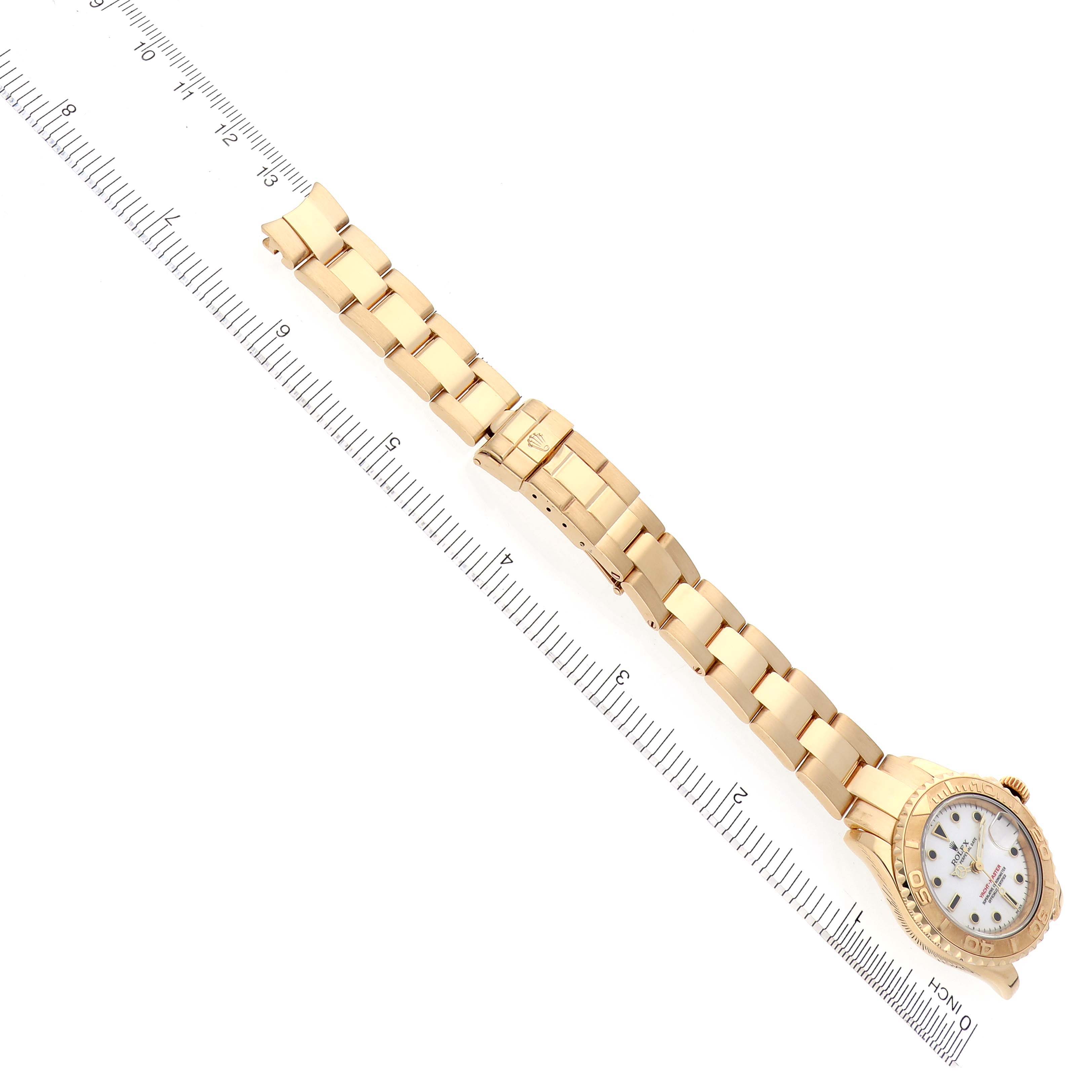 The Rolex Yacht-Master 169628 Women's Yellow Gold White Dial 169628 Women's Yellow Gold White Dial watch is shown at a diagonal angle, displaying the face, bezel, and full bracelet.