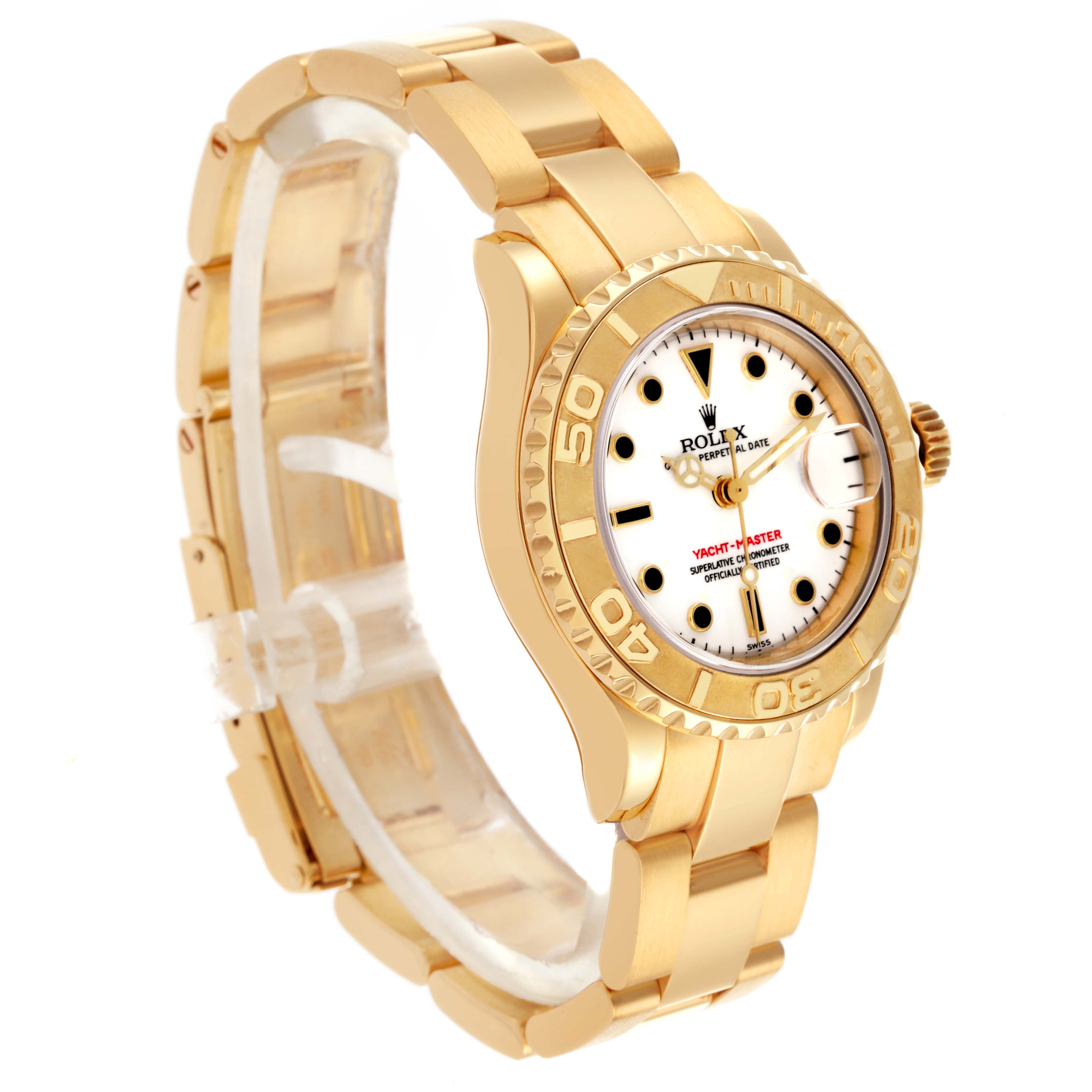 The Rolex Yacht-Master 169628 Women's Yellow Gold White Dial 169628 Women's Yellow Gold White Dial is shown at a side angle, showcasing its gold bracelet, bezel, and white dial.