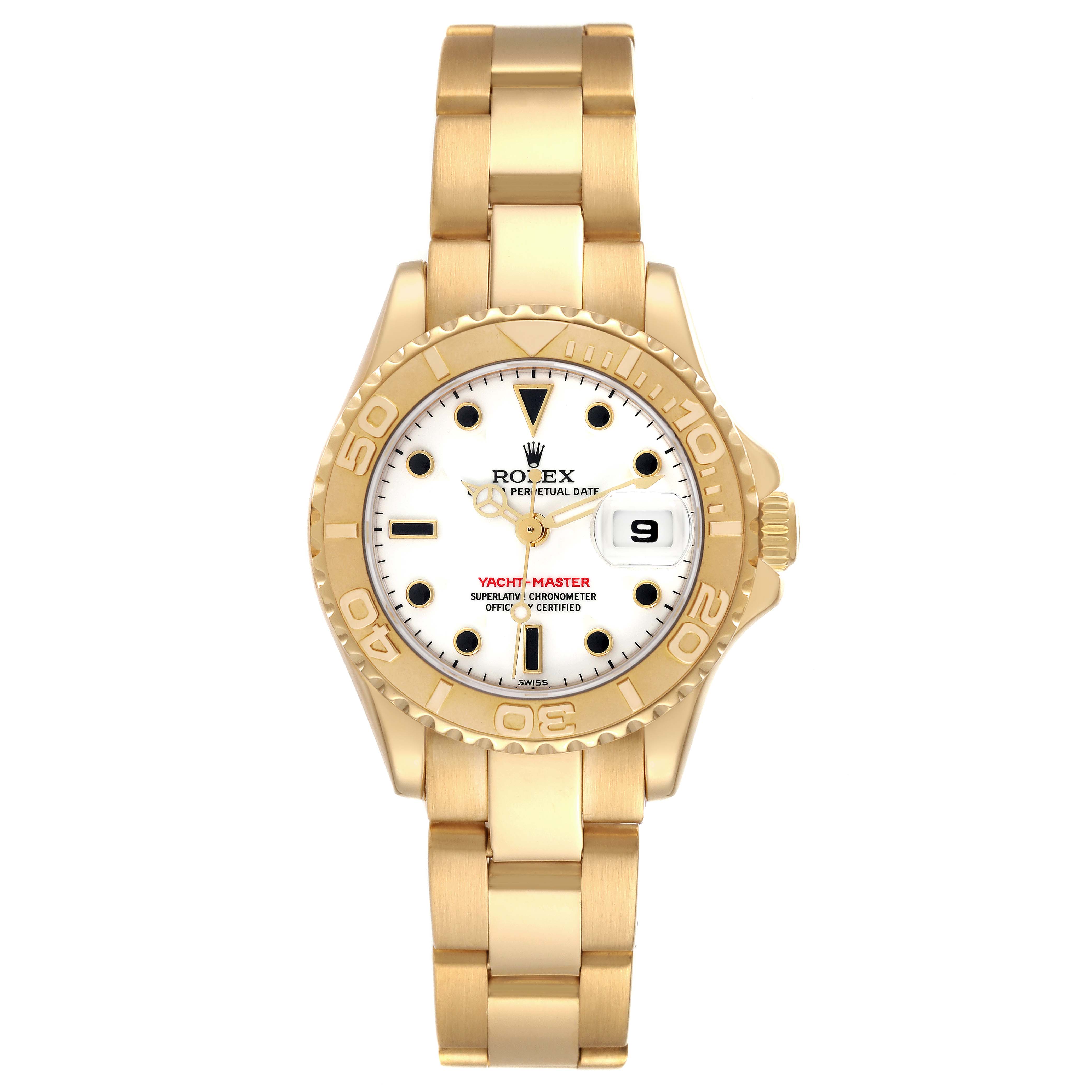 The Rolex Yacht-Master 169628 Women's Yellow Gold White Dial 169628 Women's Yellow Gold White Dial watch is shown from a frontal angle, displaying its face and gold bracelet.