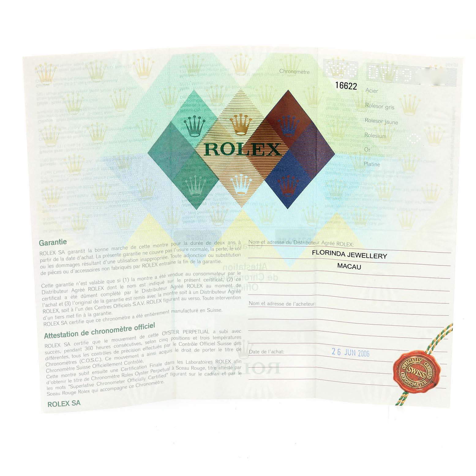 The image shows the warranty certificate for the Rolex Yacht-Master 16622 Men's Stainless Steel Silver Dial 16622 Men's Stainless Steel Silver Dial model, including details of the purchase and guarantee.