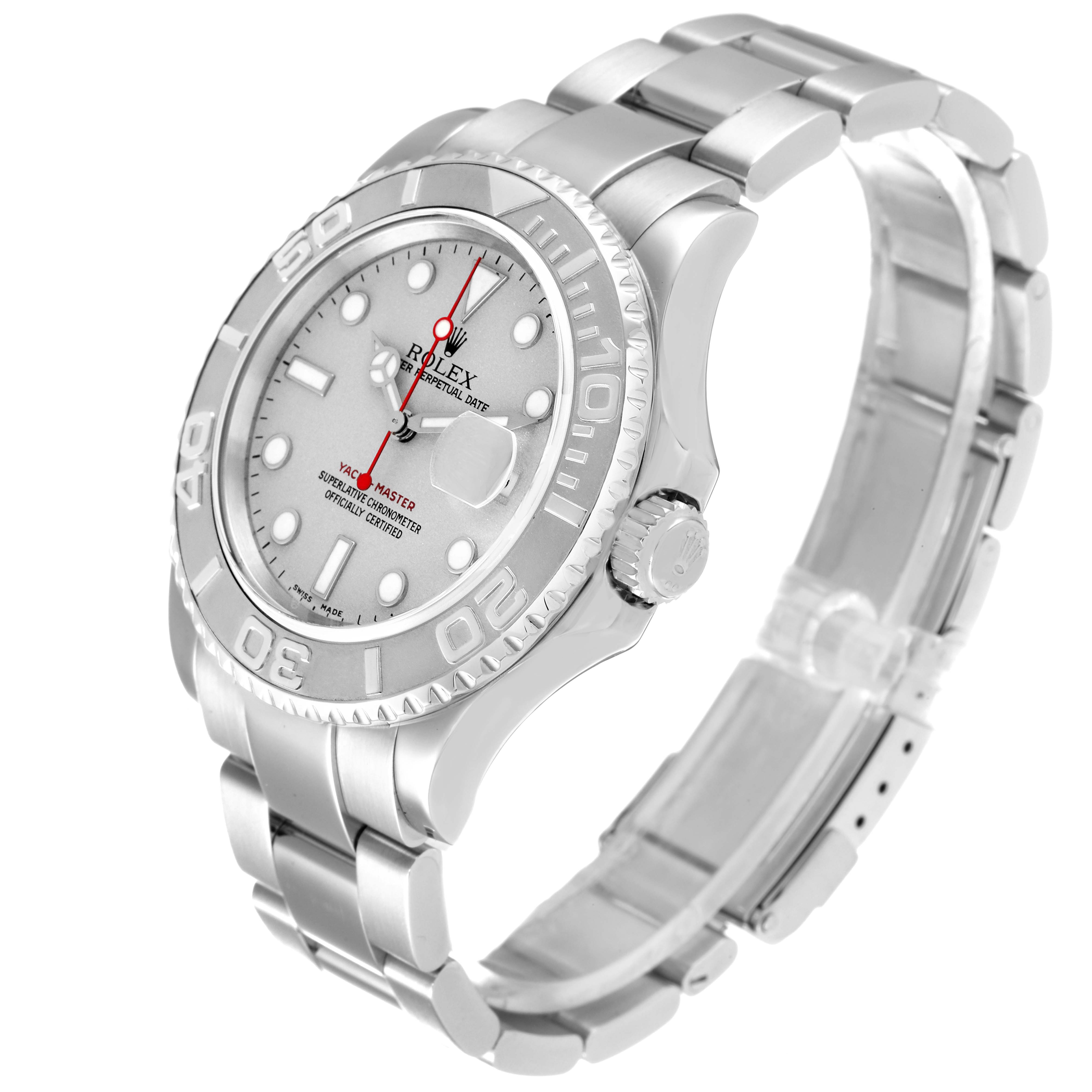 This image shows a Rolex Yacht-Master 16622 Men's Stainless Steel Silver Dial 16622 Men's Stainless Steel Silver Dial watch from a 3/4 angle, highlighting the dial, bezel, and bracelet.