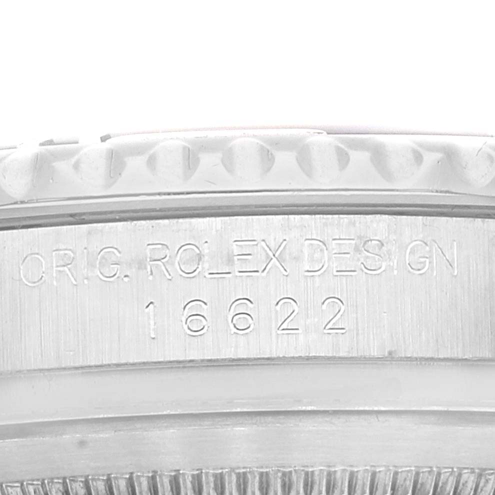 This image shows an angled close-up of the case side of the Rolex Yacht-Master 16622 Men's Stainless Steel Silver Dial 16622 Men's Stainless Steel Silver Dial, model number 16622.