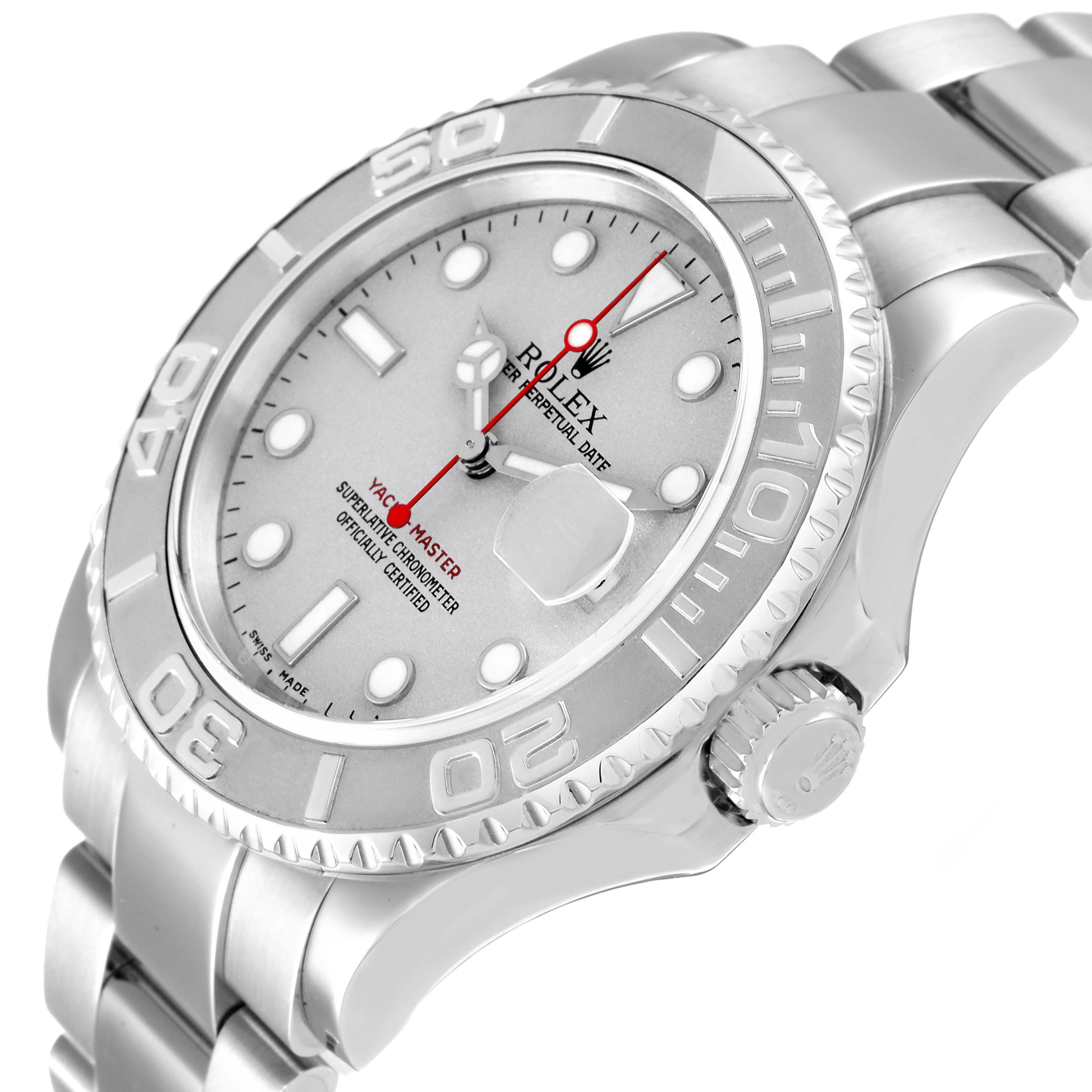 This image shows a close-up side angle of the Rolex Yacht-Master 16622 Men's Stainless Steel Silver Dial 16622 Men's Stainless Steel Silver Dial watch, highlighting the dial, bezel, case, and bracelet.