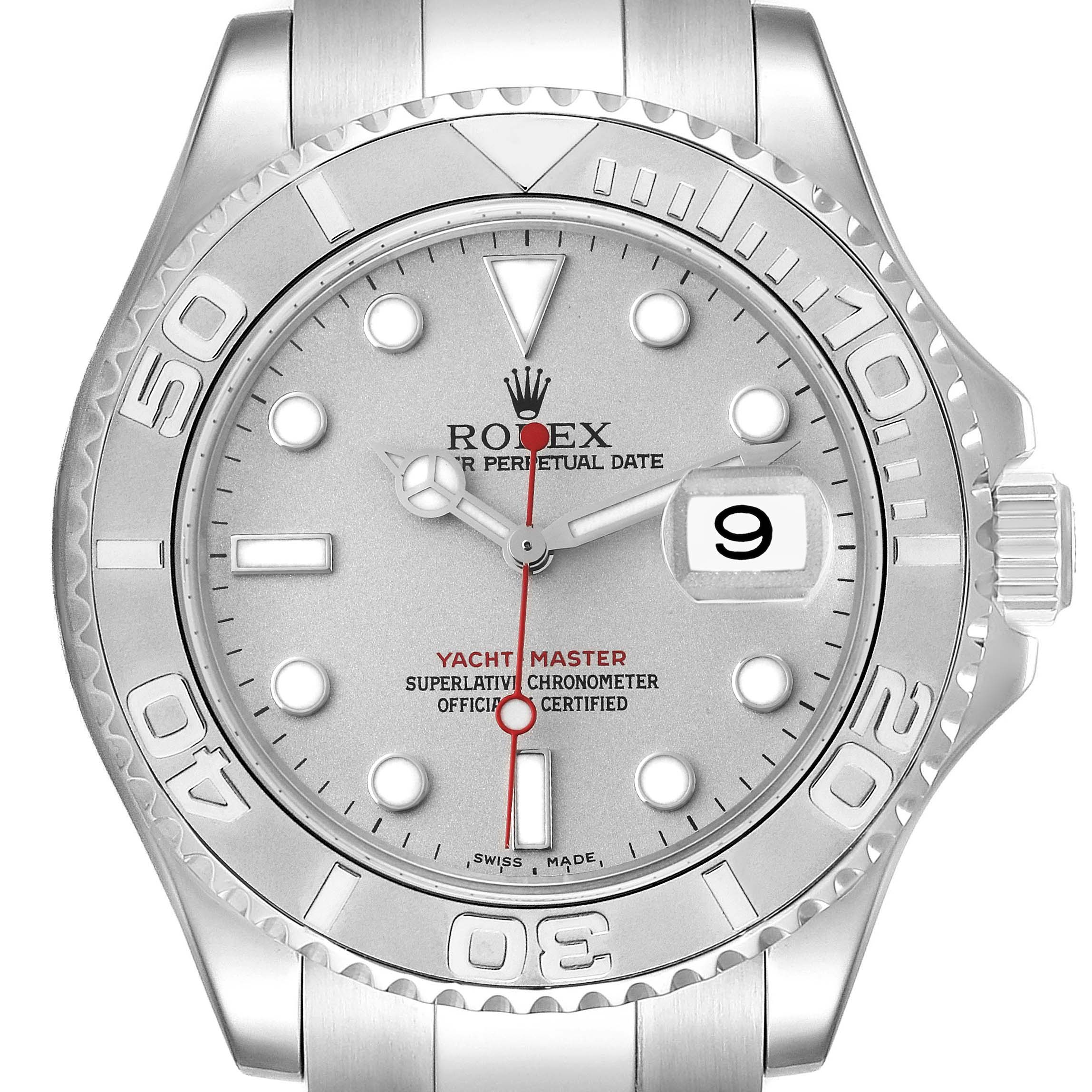 The Rolex Yacht-Master 16622 Men's Stainless Steel Silver Dial 16622 Men's Stainless Steel Silver Dial model is shown up-close from the front, highlighting the dial, bezel, and part of the bracelet.