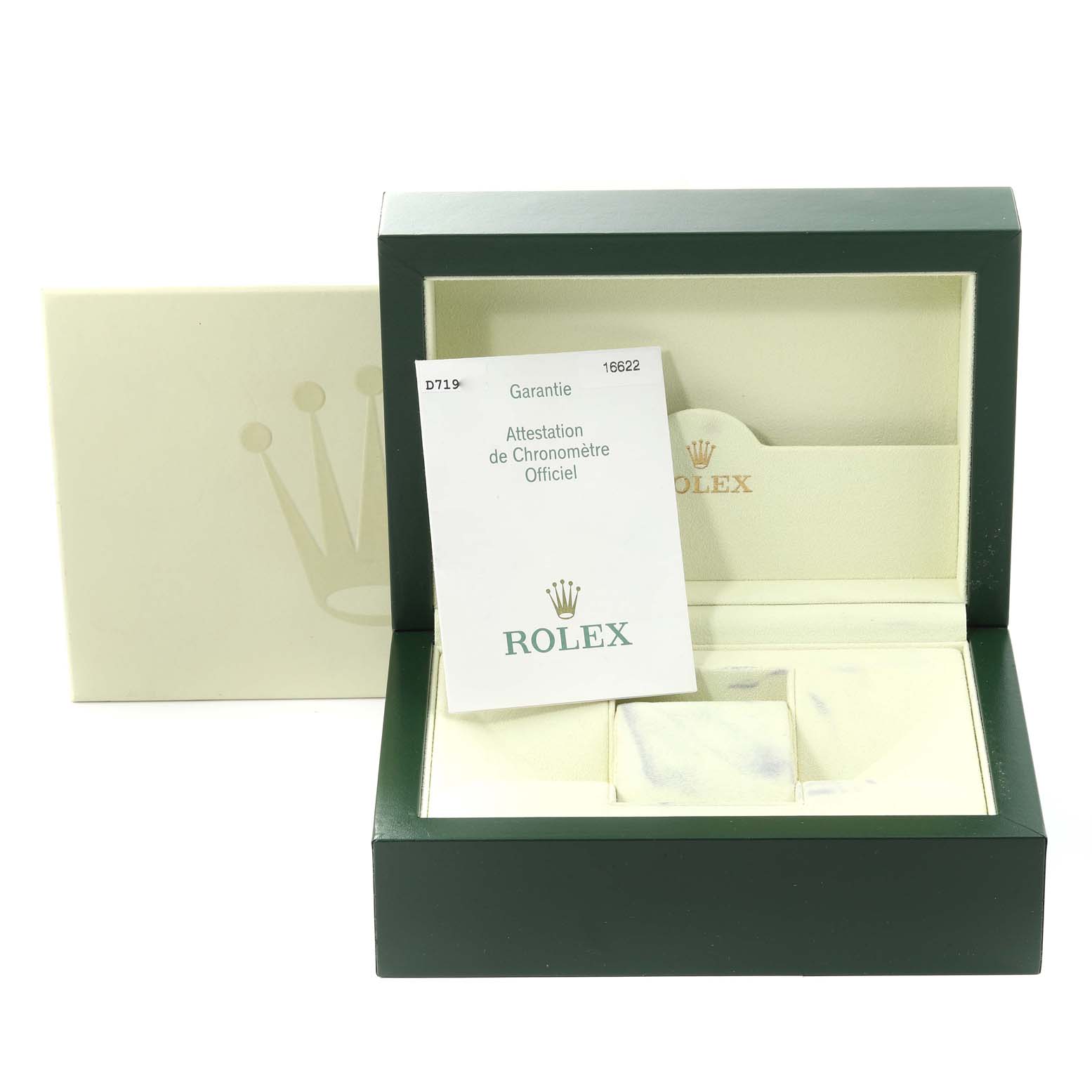 The image shows a box and guarantee card for a Rolex Yacht-Master 16622 Men's Stainless Steel Silver Dial 16622 Men's Stainless Steel Silver Dial model from an open, front-facing angle.