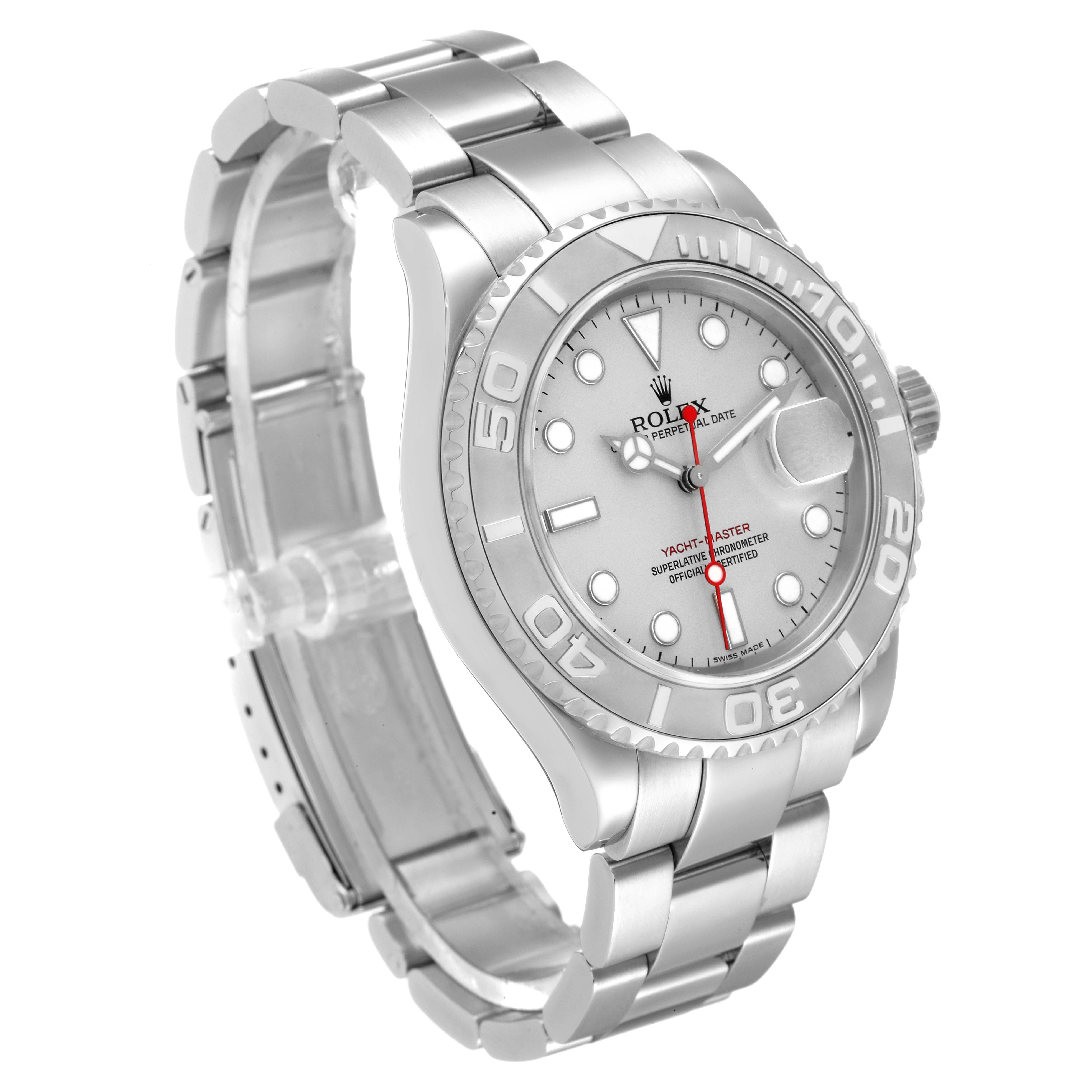 This Rolex Yacht-Master 16622 Men's Stainless Steel Silver Dial 16622 Men's Stainless Steel Silver Dial watch is shown at a slight angle, highlighting the bezel, dial, bracelet, and clasp.