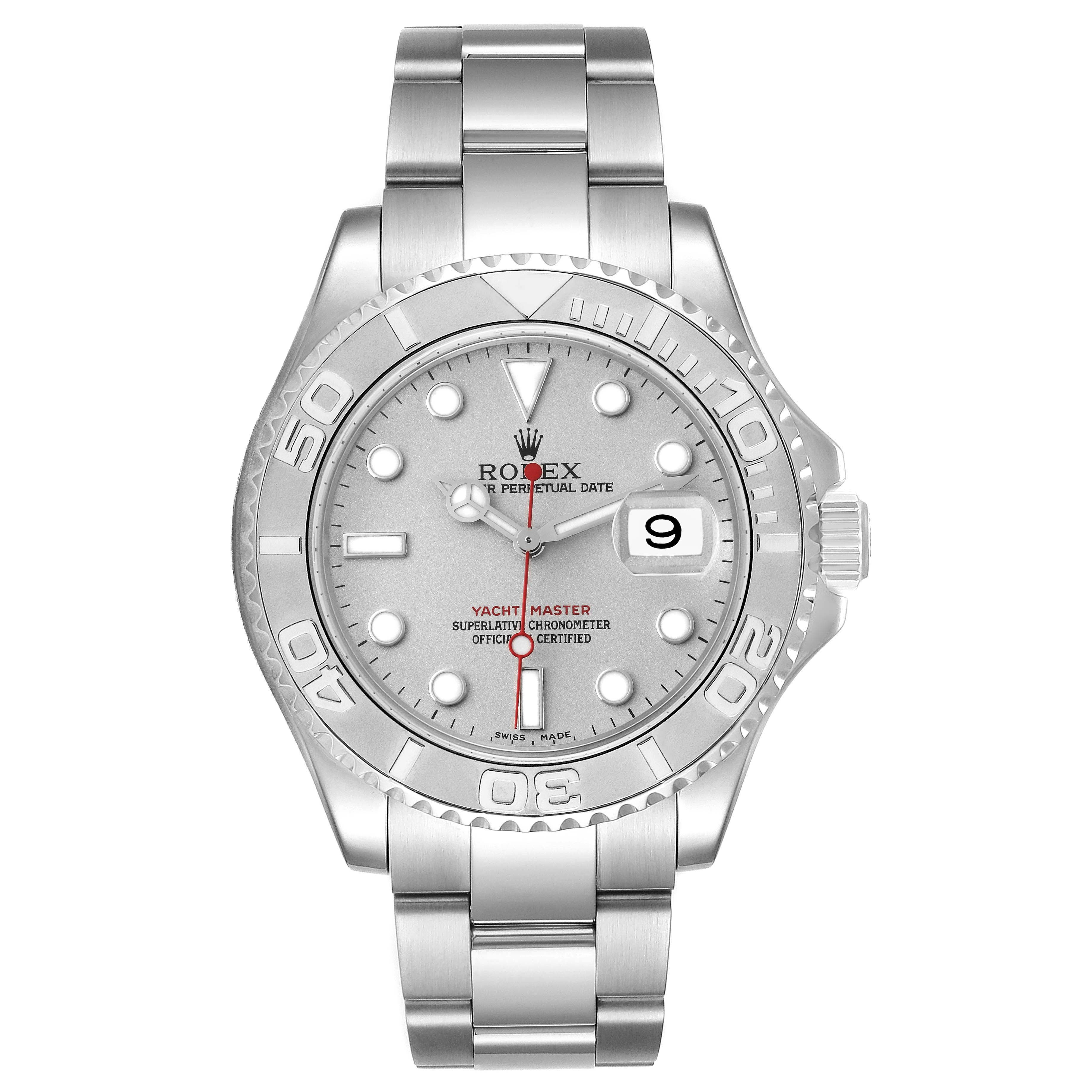 This Rolex Yacht-Master 16622 Men's Stainless Steel Silver Dial 16622 Men's Stainless Steel Silver Dial watch is shown from the front, highlighting its dial, bezel, and bracelet.