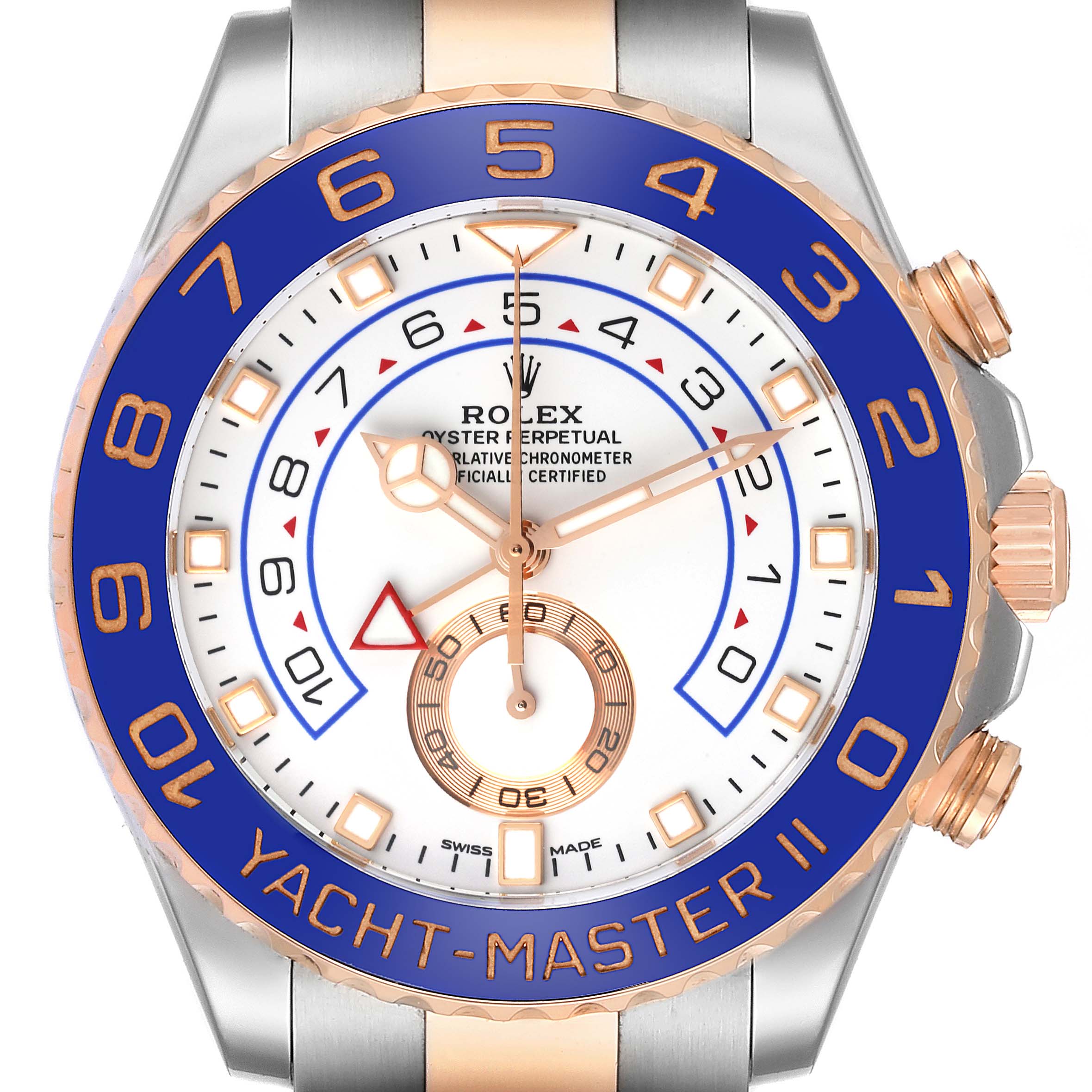 The image shows a frontal view of a Rolex Yacht-Master 116681 Men's Steel and Gold (two tone) White Dial 116681 Men's Steel and Gold (two tone) White Dial II watch, featuring its blue bezel, white dial, and chronograph sub-dial.