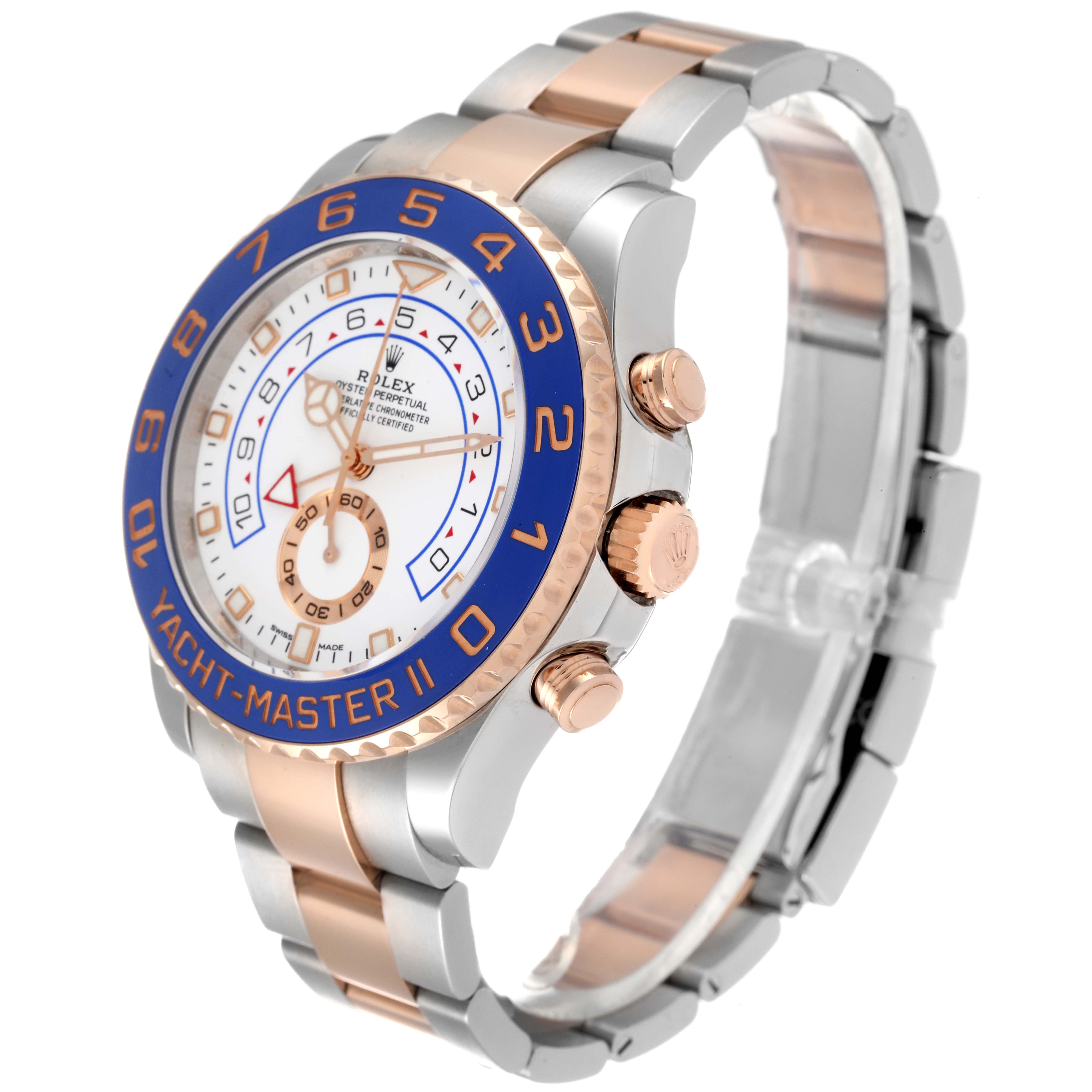 The Rolex Yacht-Master 116681 Men's Steel and Gold (two tone) White Dial 116681 Men's Steel and Gold (two tone) White Dial watch is shown at an angled side view, displaying its face, bezel, crown, pushers, and bracelet.