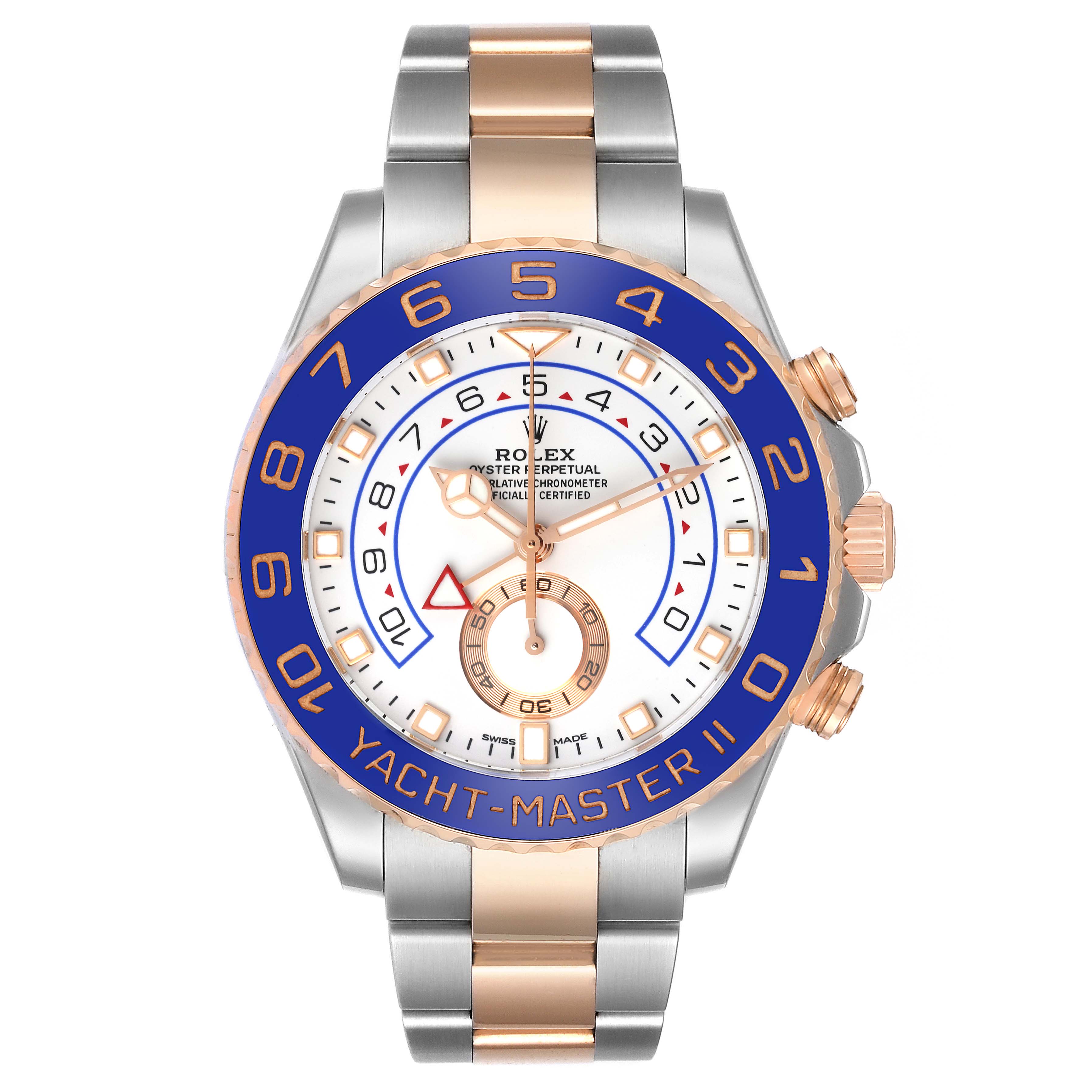 This Rolex Yacht-Master 116681 Men's Steel and Gold (two tone) White Dial 116681 Men's Steel and Gold (two tone) White Dial watch is shown from a straight-on angle, highlighting the face, bezel, and part of the bracelet.