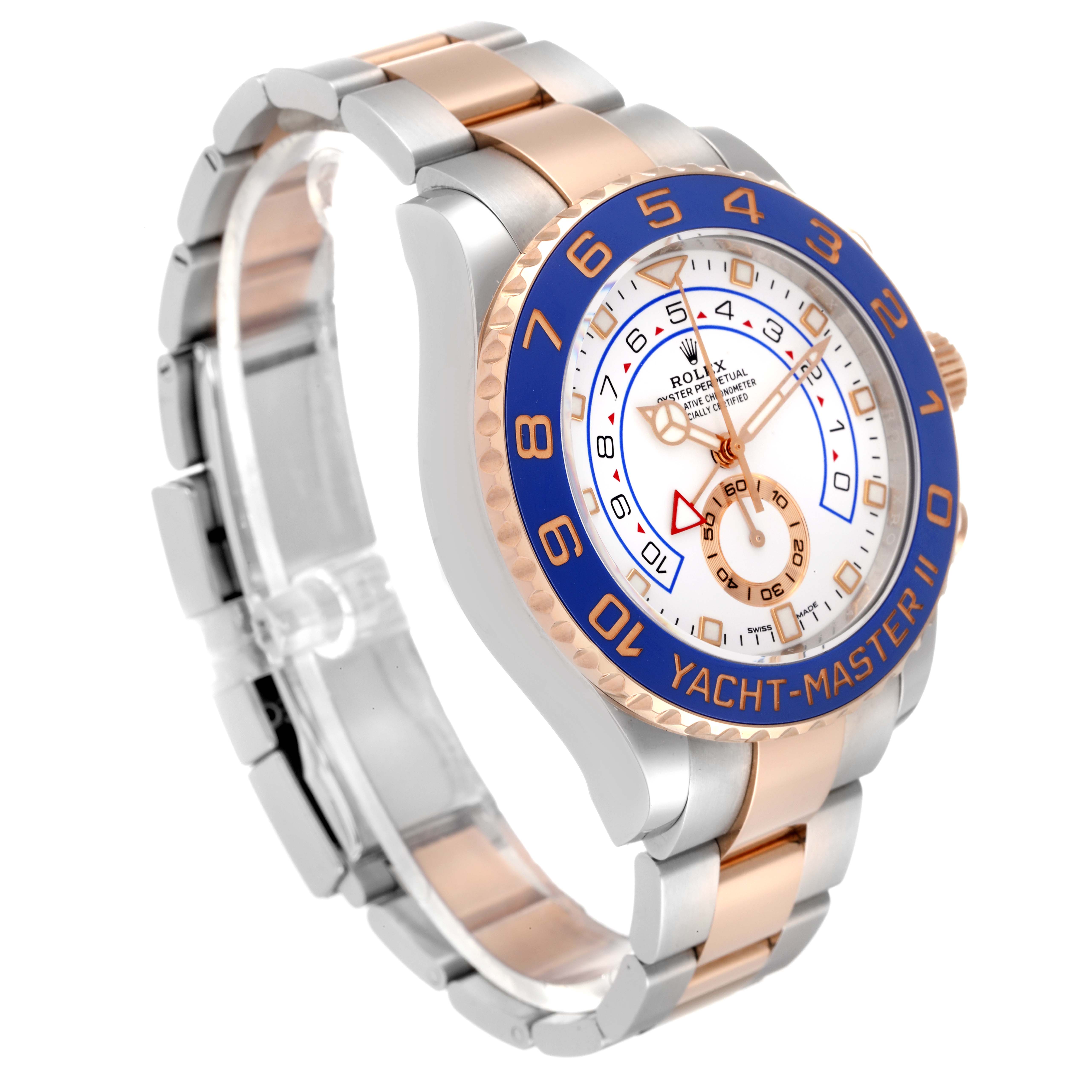 The Rolex Yacht-Master 116681 Men's Steel and Gold (two tone) White Dial 116681 Men's Steel and Gold (two tone) White Dial watch is shown at an angled side view, displaying the bracelet, bezel, dial, and crown.