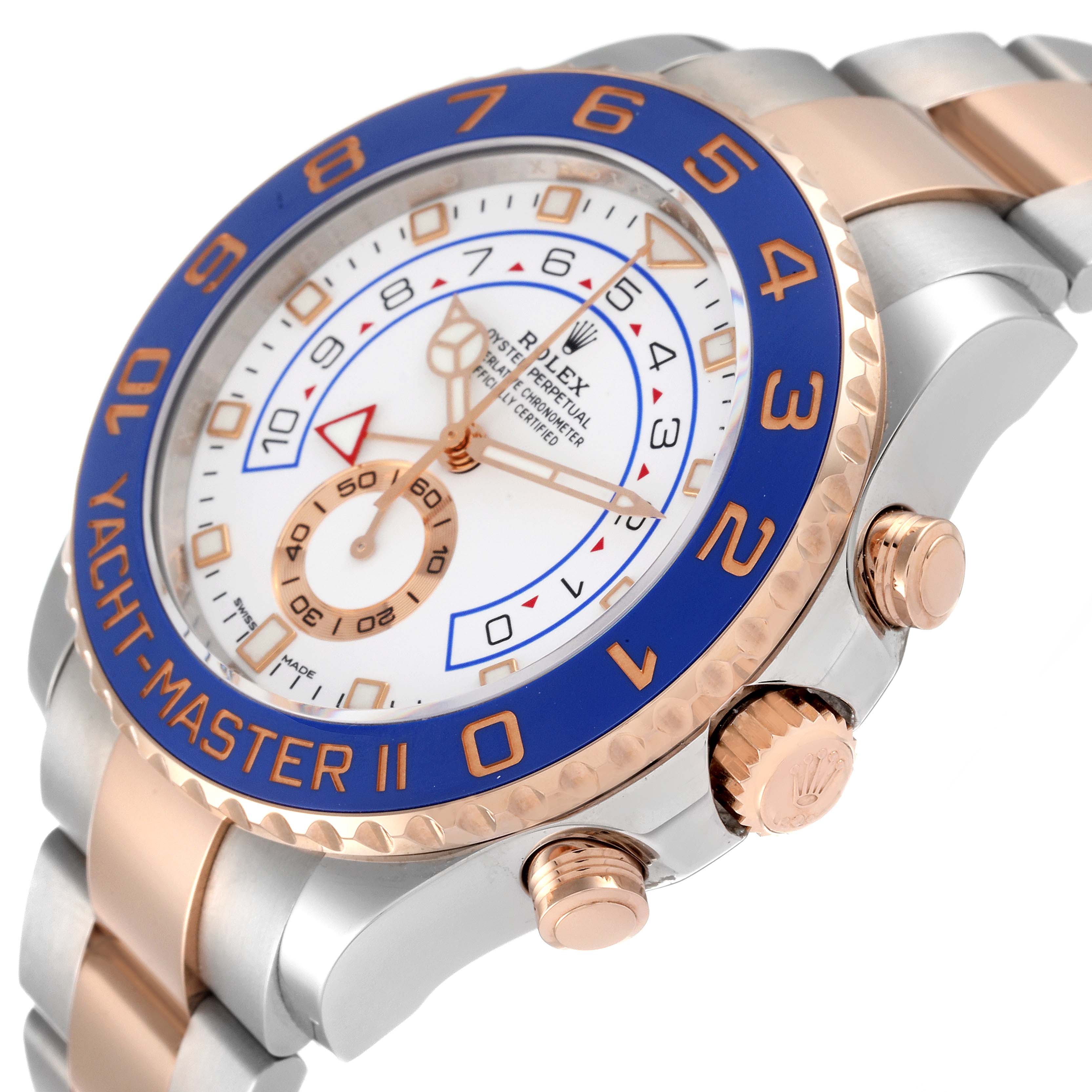 This image shows a close-up of the Rolex Yacht-Master 116681 Men's Steel and Gold (two tone) White Dial 116681 Men's Steel and Gold (two tone) White Dial II watch, focusing on the bezel, dial, crown, and part of the bracelet.