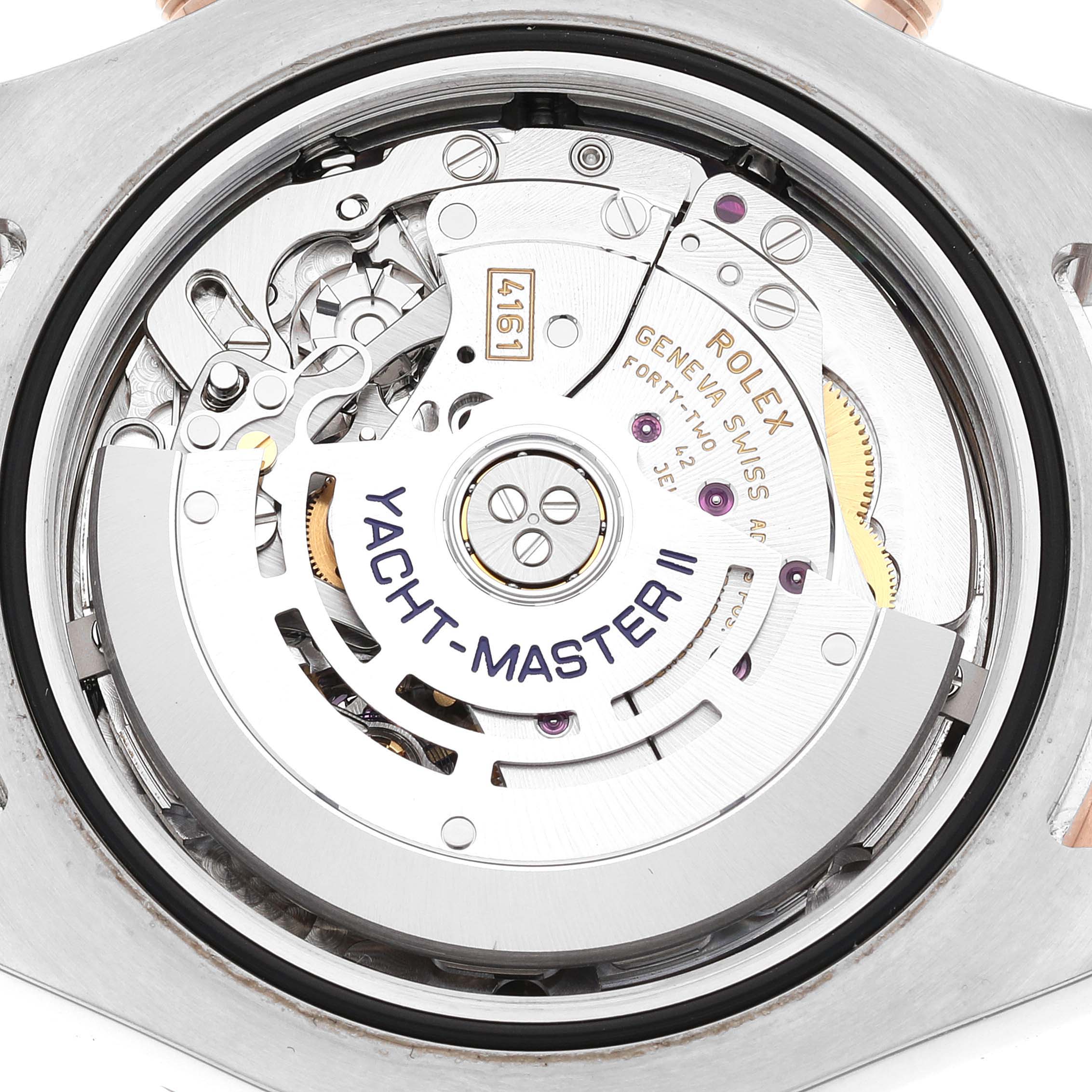This is a close-up view of the movement inside a Rolex Yacht-Master 116681 Men's Steel and Gold (two tone) White Dial 116681 Men's Steel and Gold (two tone) White Dial II watch.
