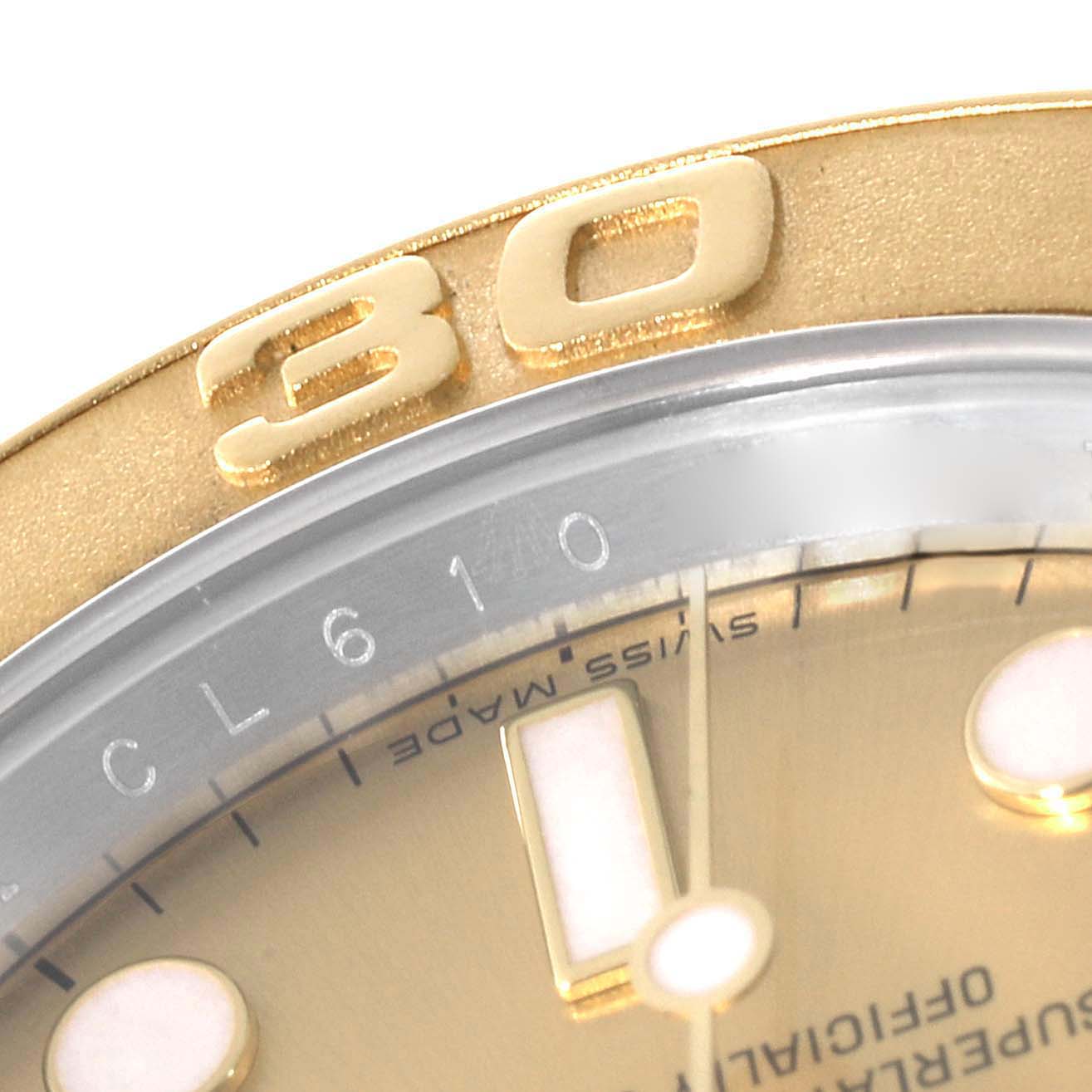 The image shows a close-up of the dial and bezel of the Rolex Yacht-Master 16623 Men's Steel and Gold (two tone) Champagne Dial 16623 Men's Steel and Gold (two tone) Champagne Dial watch, focusing on the "30" number on the bezel.