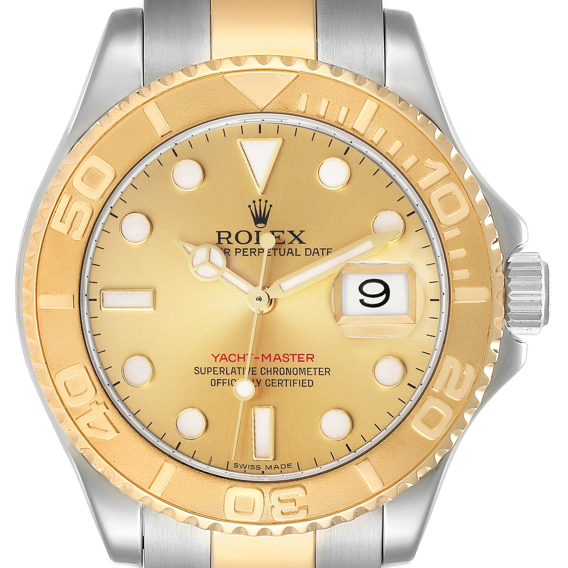 This image shows a front view of a Rolex Yacht-Master 16623 Men's Steel and Gold (two tone) Champagne Dial 16623 Men's Steel and Gold (two tone) Champagne Dial watch, highlighting its dial, bezel, hands, and date window.