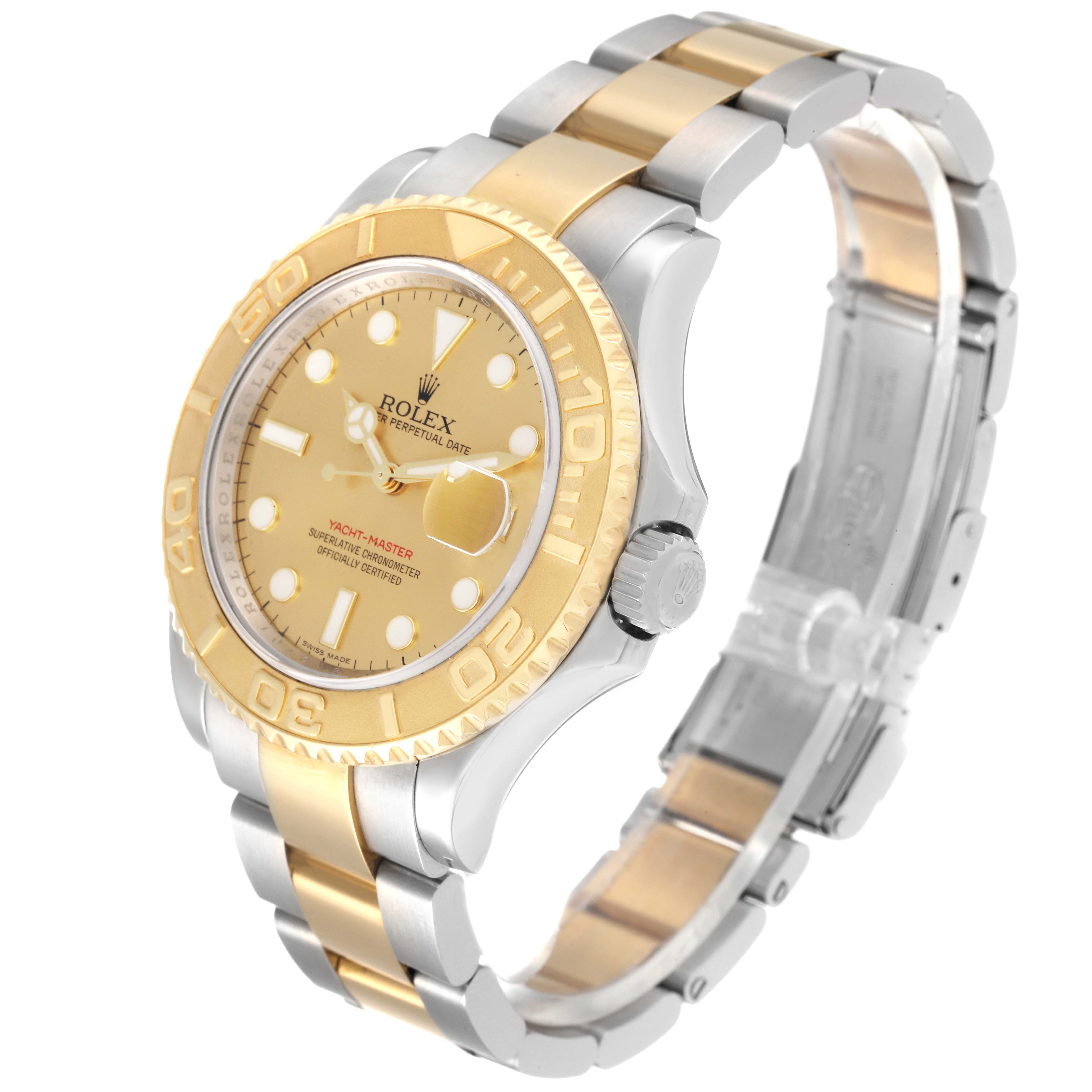 The Rolex Yacht-Master 16623 Men's Steel and Gold (two tone) Champagne Dial 16623 Men's Steel and Gold (two tone) Champagne Dial watch is shown at a front angle, highlighting its gold and silver bracelet and bezel.
