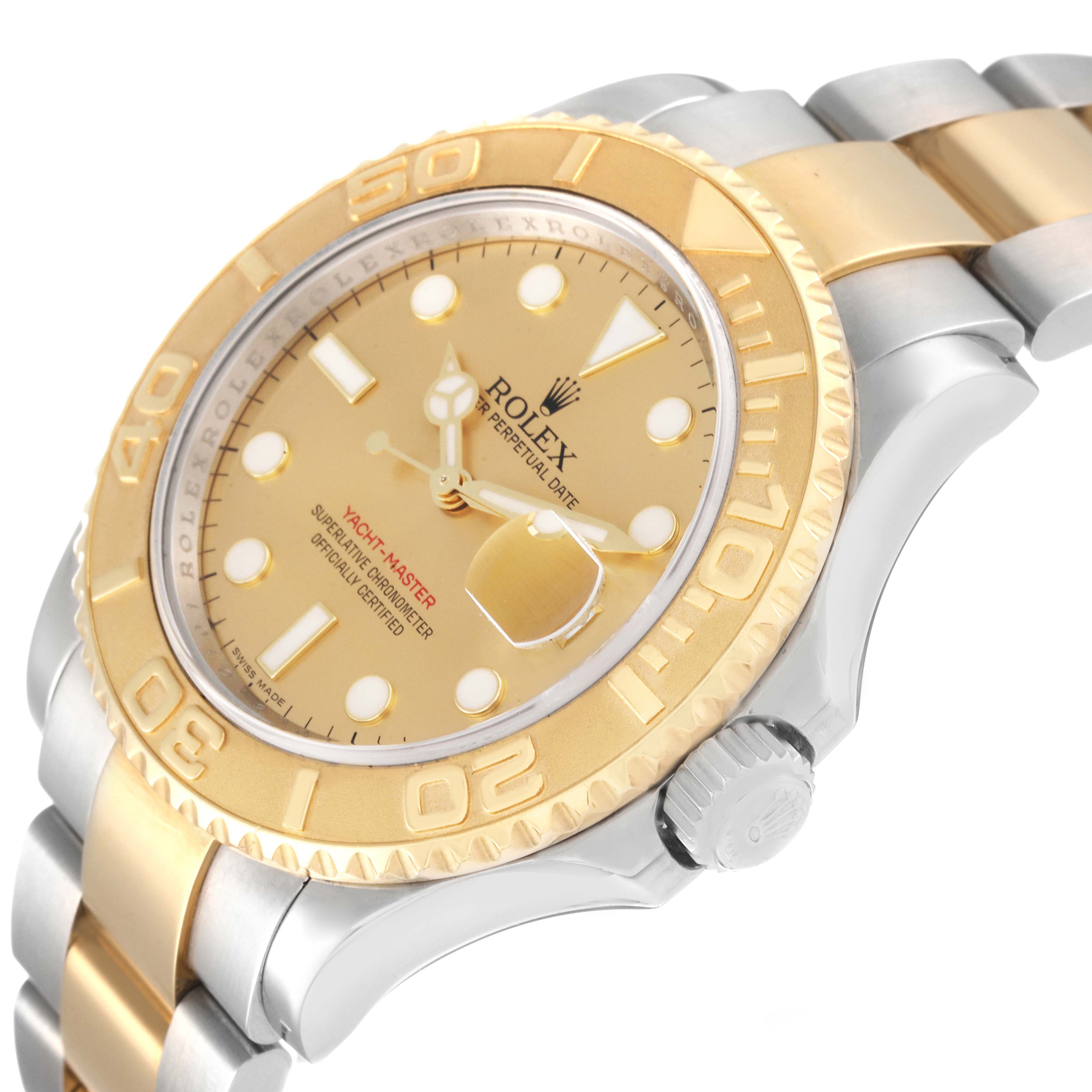 The image shows a close-up angle of the Rolex Yacht-Master 16623 Men's Steel and Gold (two tone) Champagne Dial 16623 Men's Steel and Gold (two tone) Champagne Dial watch, highlighting the dial, bezel, crown, and part of the bracelet.