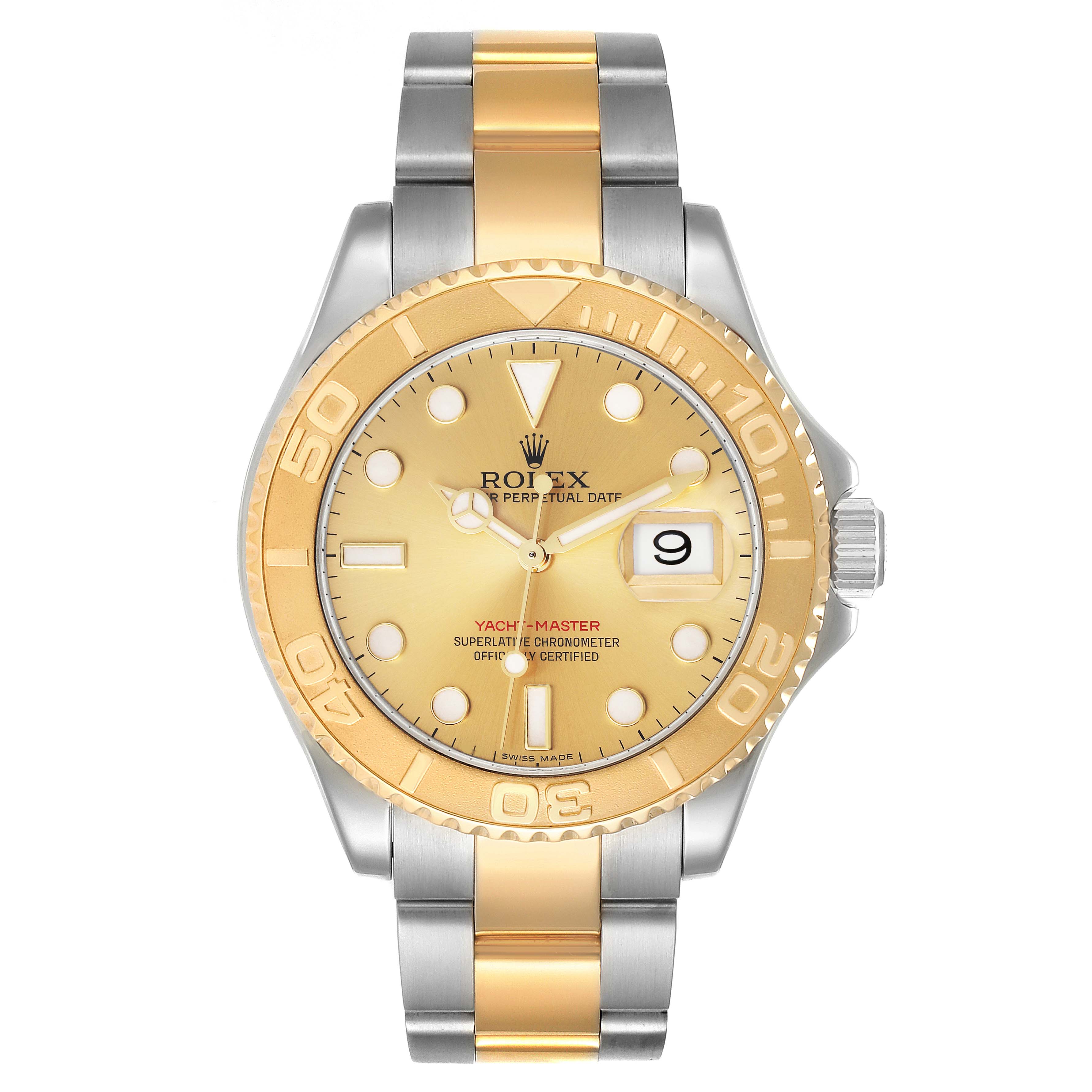 This image shows a front view of the Rolex Yacht-Master 16623 Men's Steel and Gold (two tone) Champagne Dial 16623 Men's Steel and Gold (two tone) Champagne Dial watch, highlighting its dial, bezel, and bracelet.