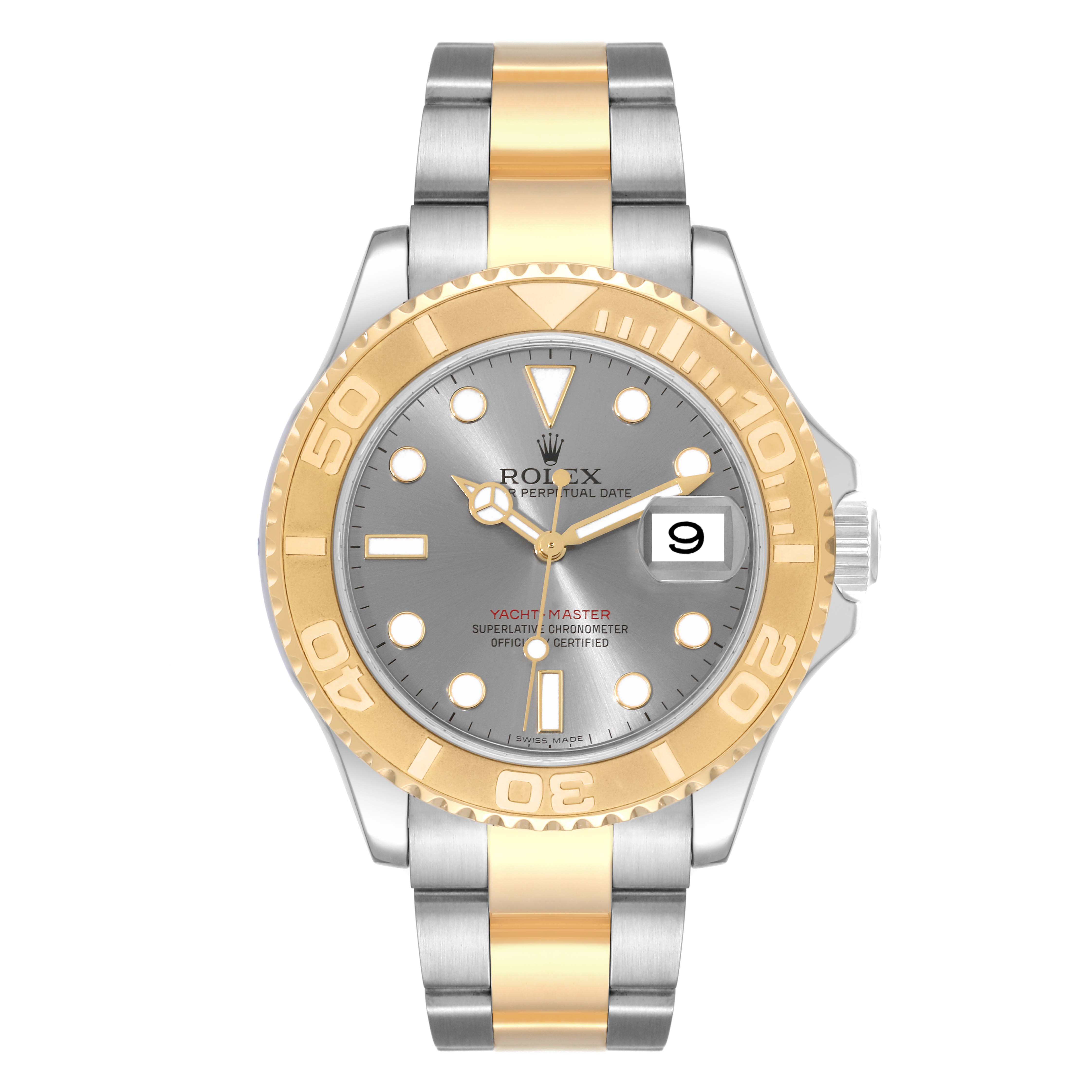 The Rolex Yacht-Master 16623 Men's Steel and Gold (two tone) Grey Dial 16623 Men's Steel and Gold (two tone) Grey Dial watch is shown from the front, displaying its dial, bezel, and bracelet.