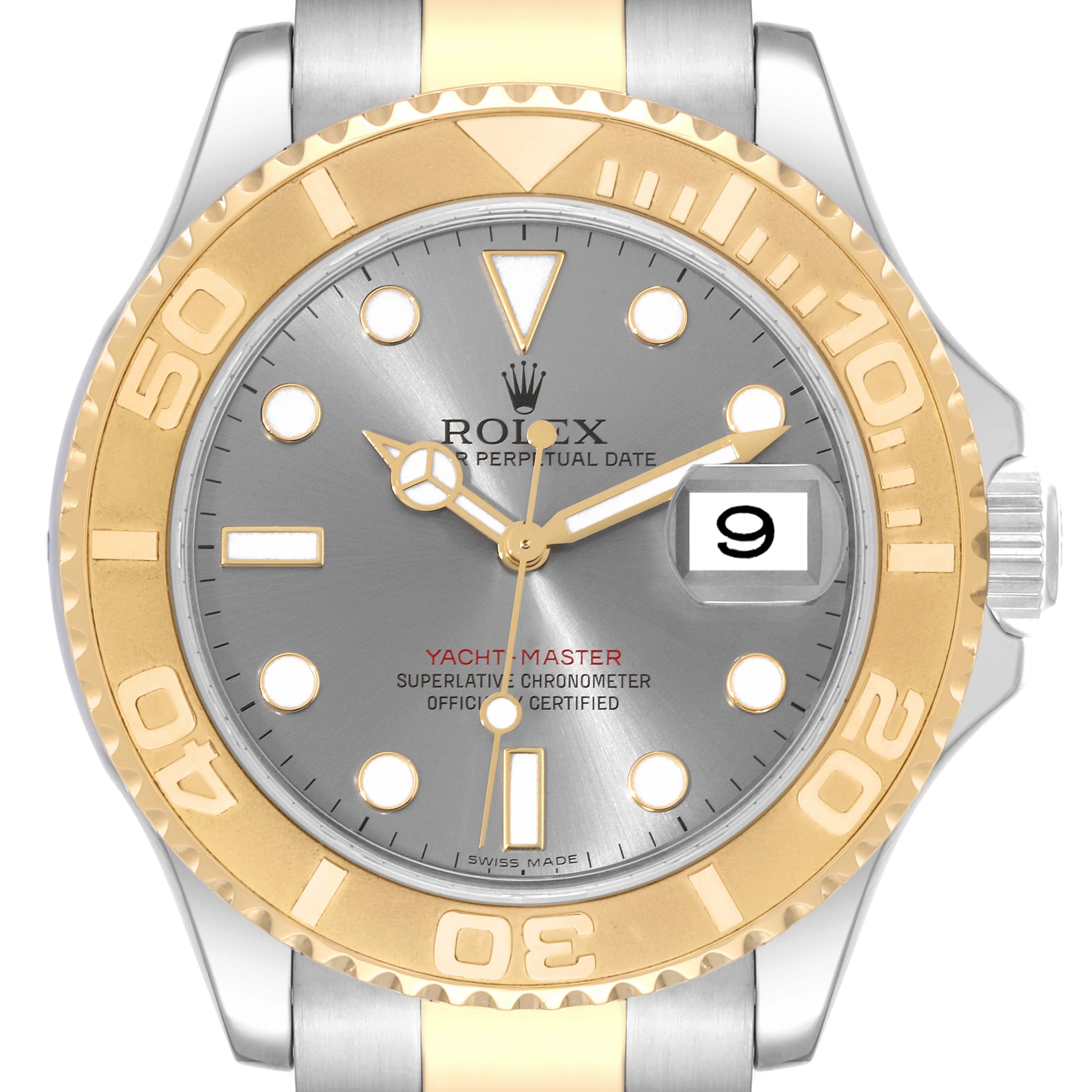 This image shows a close-up, front view of the Rolex Yacht-Master 16623 Men's Steel and Gold (two tone) Grey Dial 16623 Men's Steel and Gold (two tone) Grey Dial watch, highlighting the bezel, dial, and date feature.