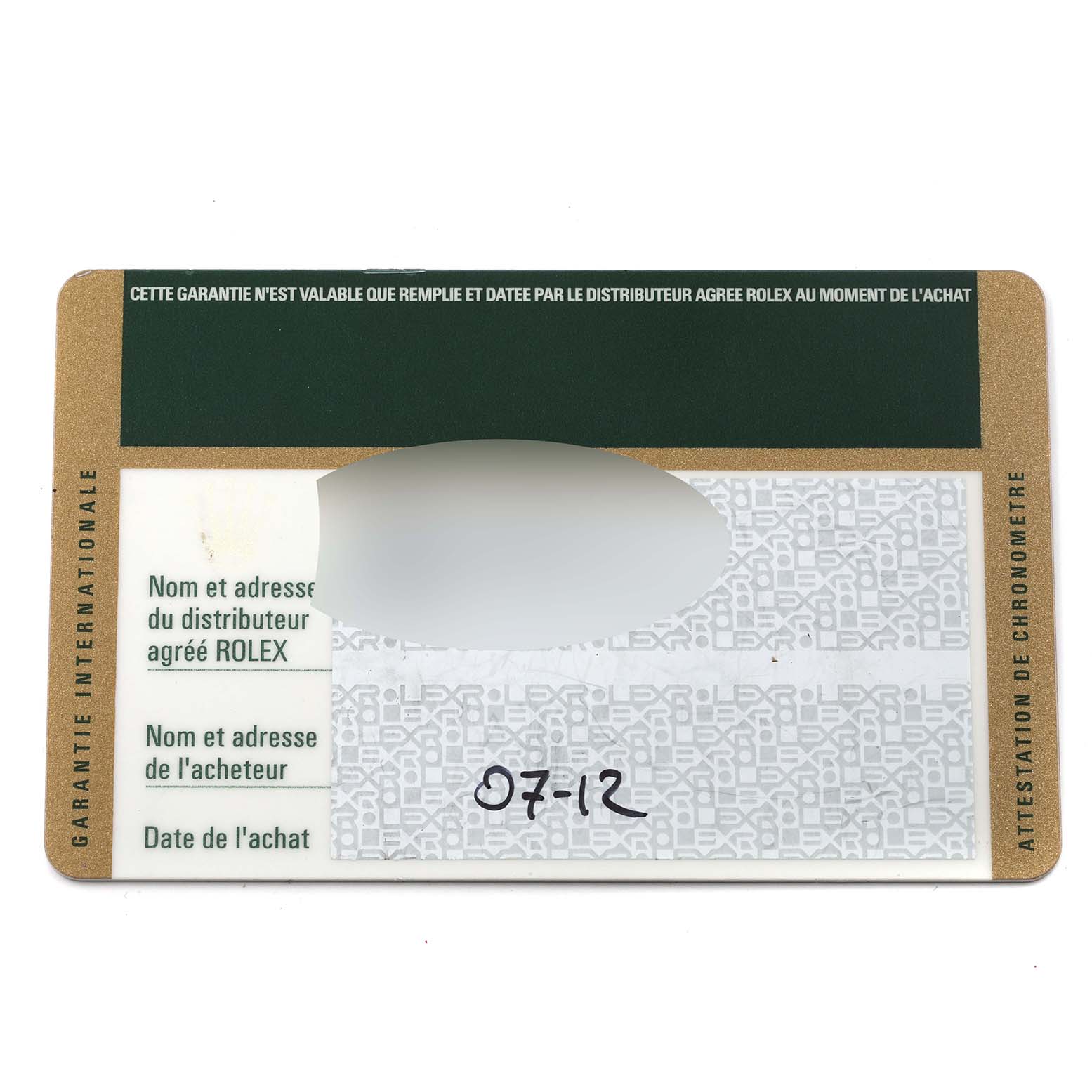 This image shows a guarantee card for the Yacht-Master model by Rolex, containing purchase details.