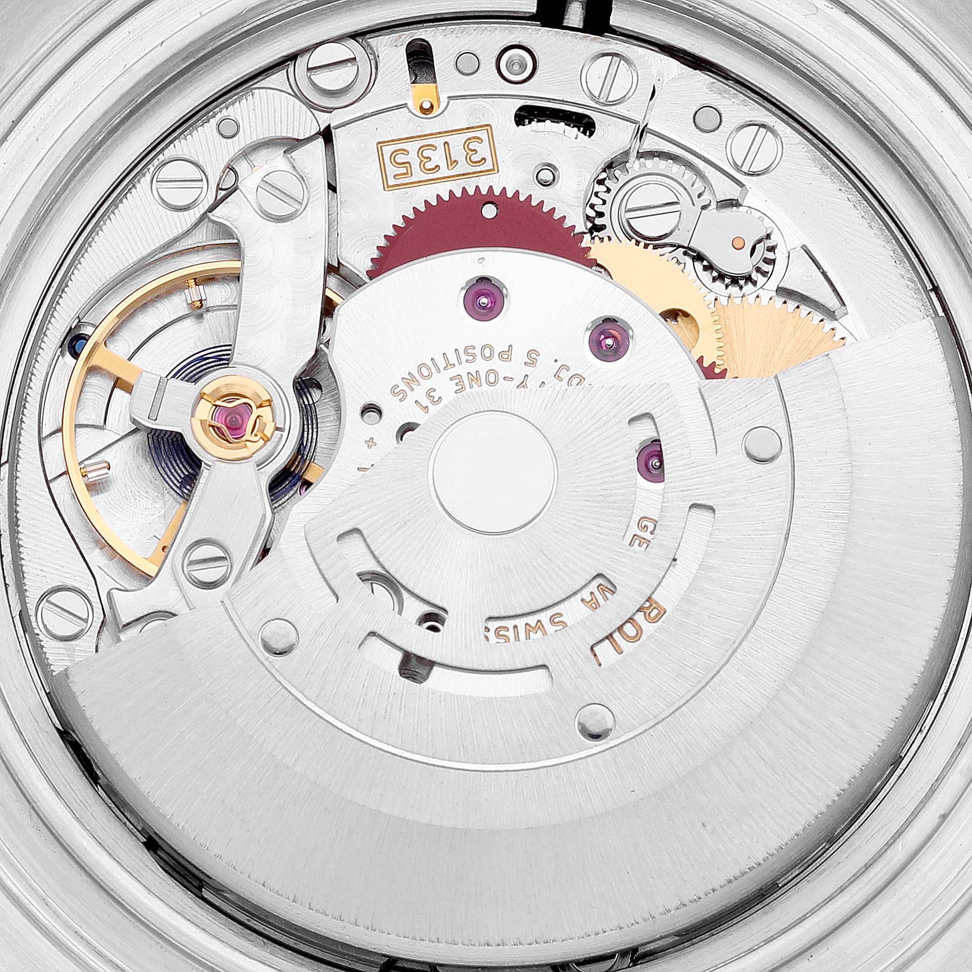 The image shows the intricate internal mechanics of the Rolex Yacht-Master 16623 Men's Steel and Gold (two tone) Grey Dial 16623 Men's Steel and Gold (two tone) Grey Dial watch movement from a close-up angle.
