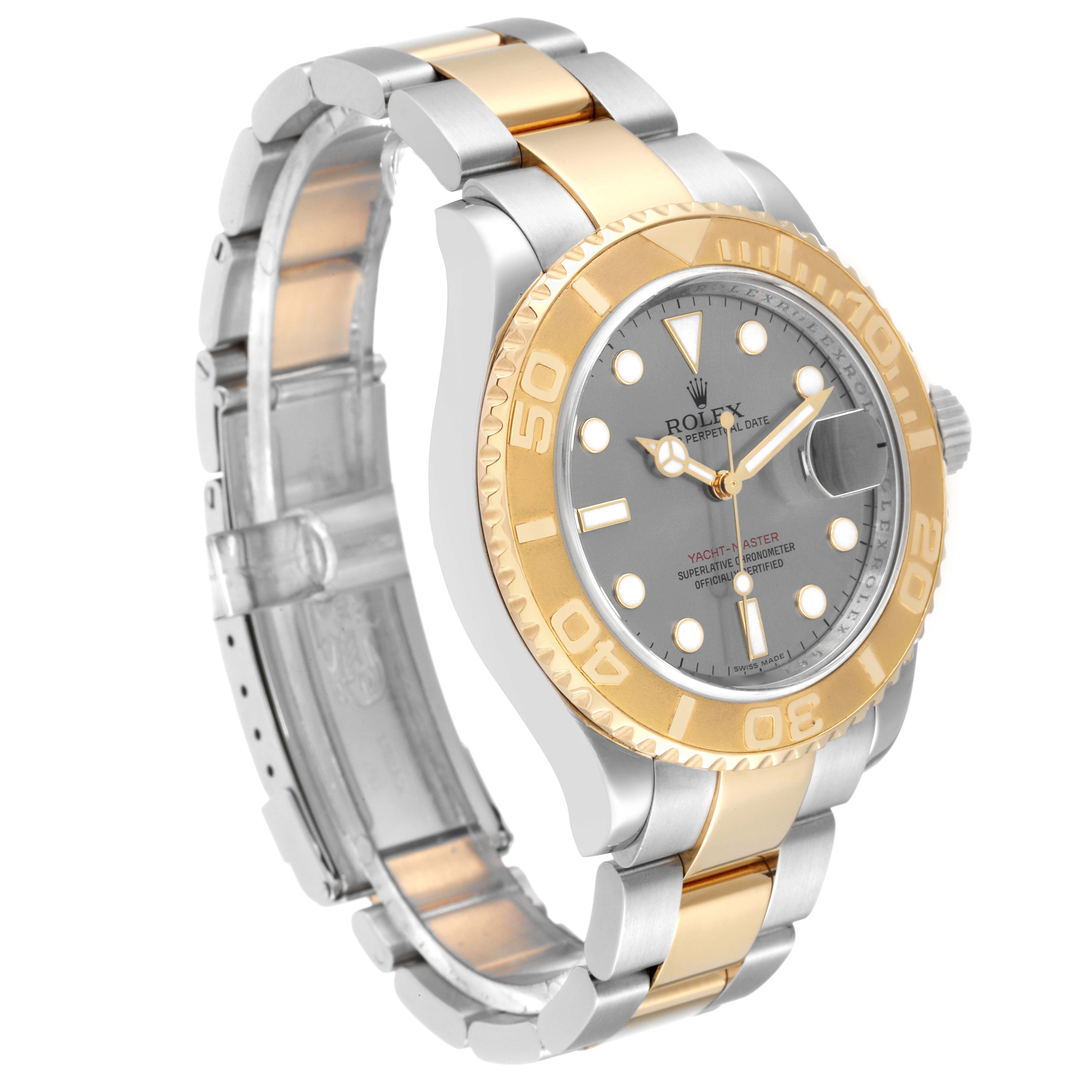 The Rolex Yacht-Master 16623 Men's Steel and Gold (two tone) Grey Dial 16623 Men's Steel and Gold (two tone) Grey Dial watch is shown at a three-quarter angle, highlighting its bezel, dial, and bracelet.