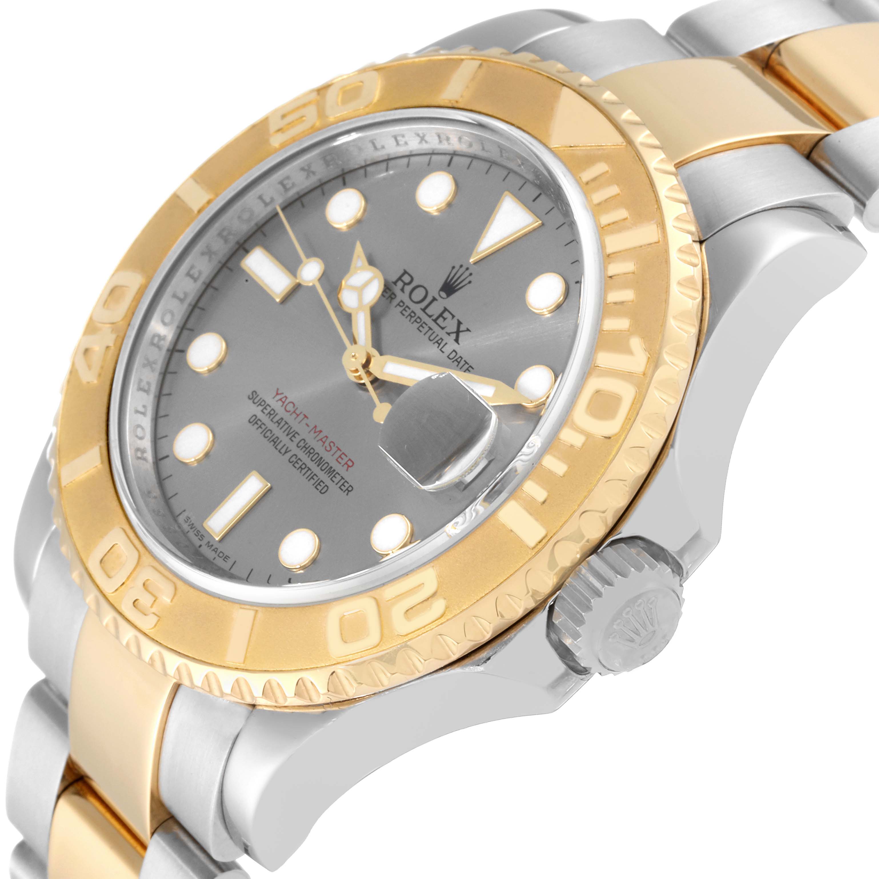 The image shows a side angle of the Rolex Yacht-Master 16623 Men's Steel and Gold (two tone) Grey Dial 16623 Men's Steel and Gold (two tone) Grey Dial watch, highlighting its face, bezel, crown, and bracelet.