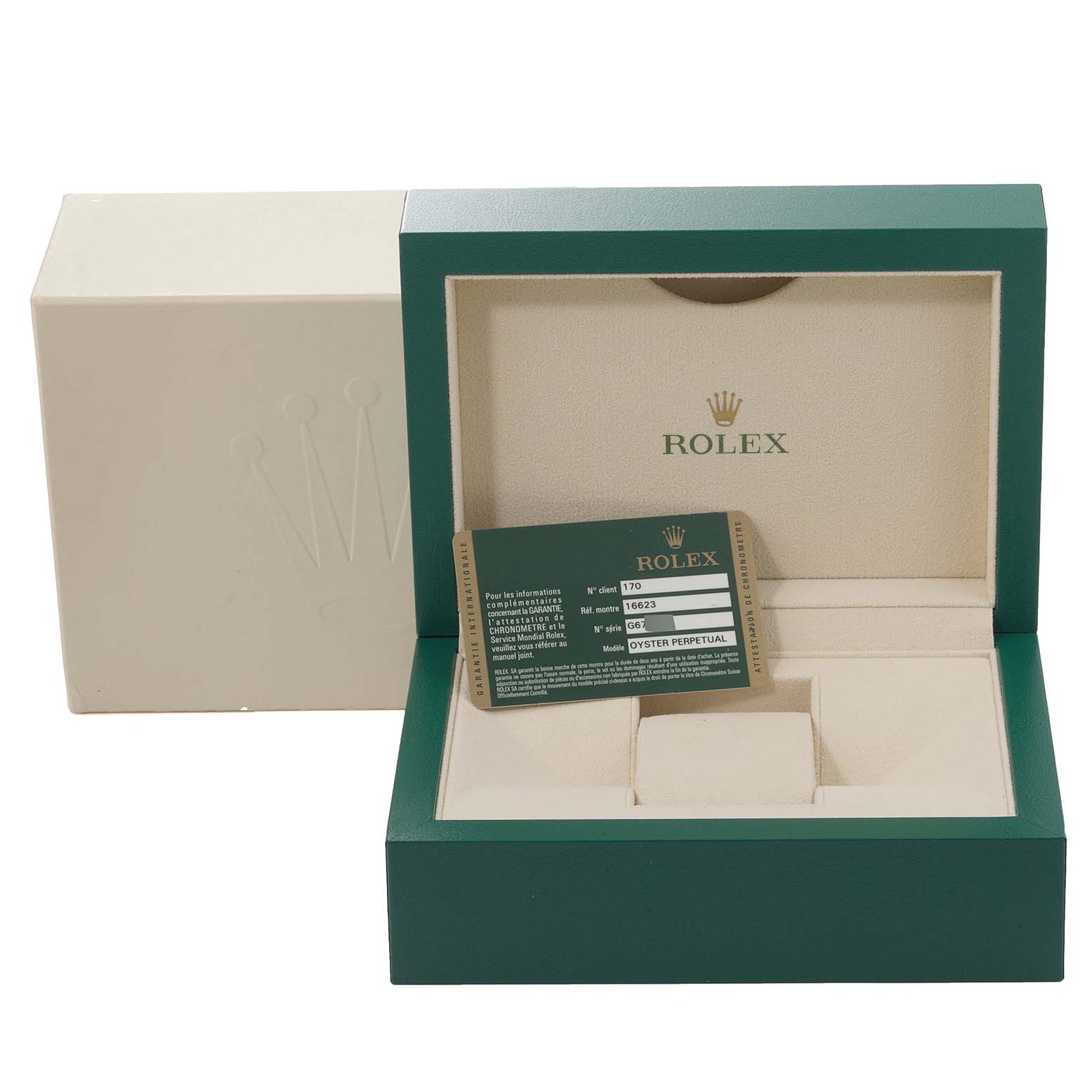 The image shows an open Rolex Yacht-Master 16623 Men's Steel and Gold (two tone) Grey Dial 16623 Men's Steel and Gold (two tone) Grey Dial watch box with a warranty card, displaying the interior and outer packaging.