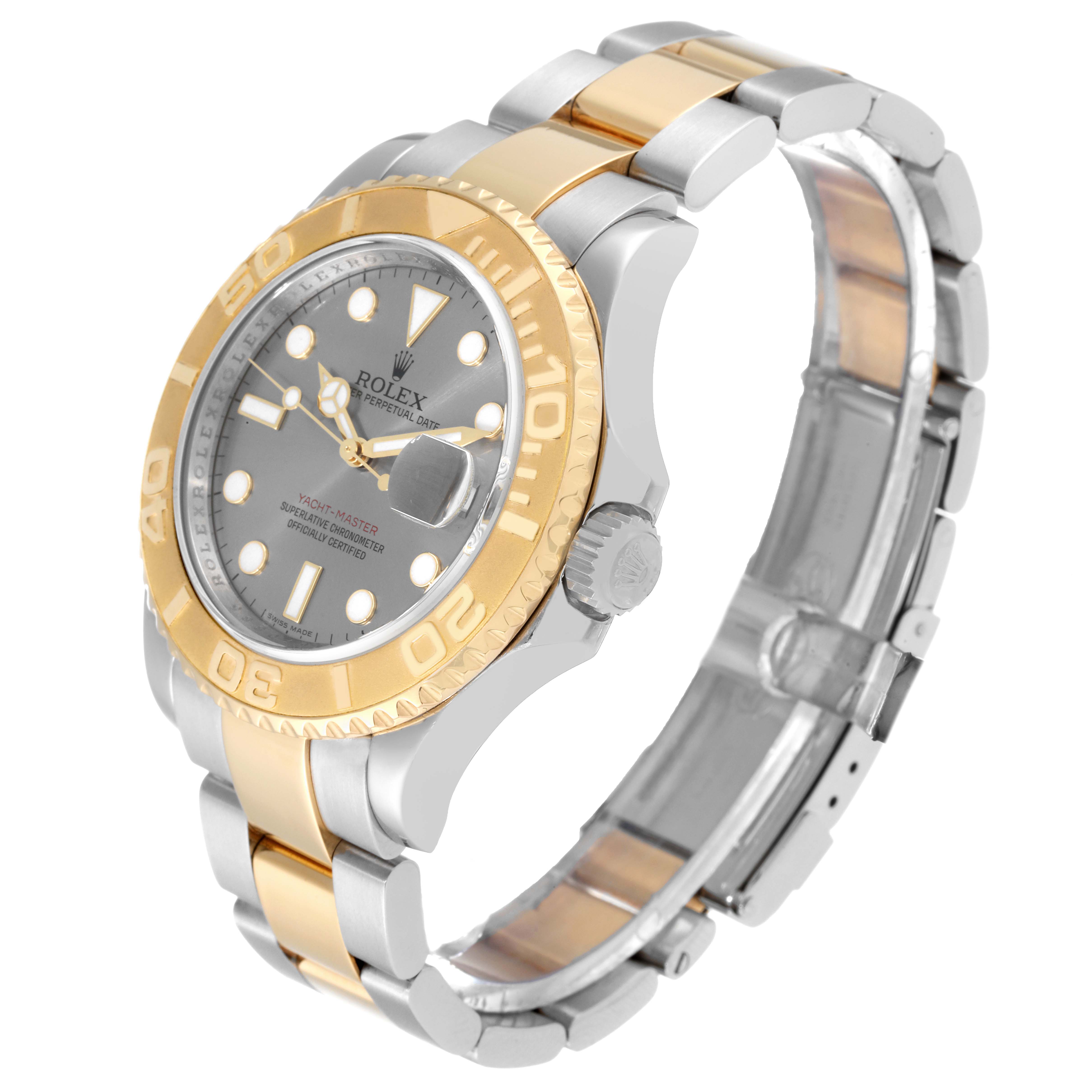 The image shows a Rolex Yacht-Master 16623 Men's Steel and Gold (two tone) Grey Dial 16623 Men's Steel and Gold (two tone) Grey Dial watch at an angle highlighting the bezel, dial, case, and bracelet.