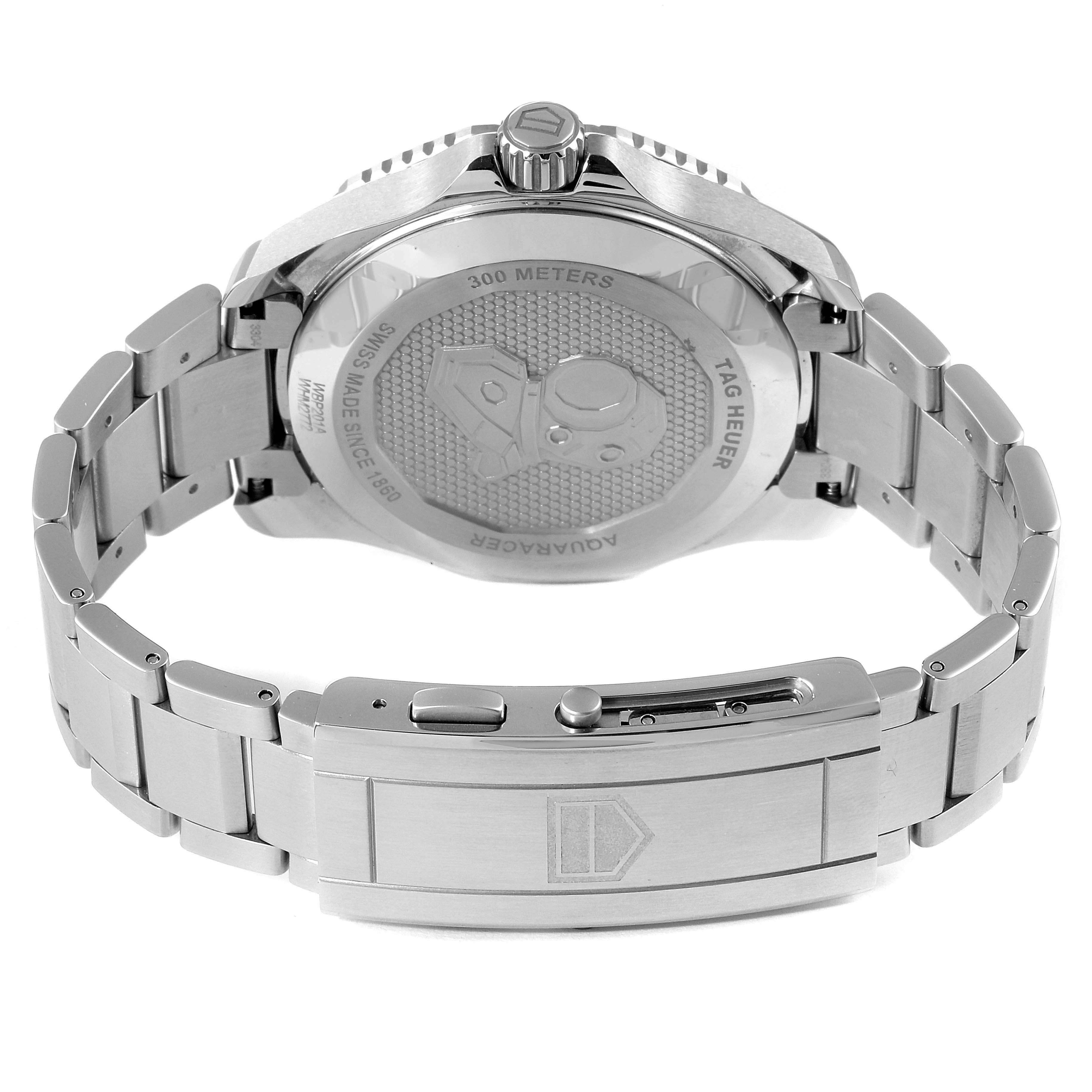 This image shows the back case and metal bracelet clasp of a Tag Heuer Aquaracer WBP201A.BA0632 Men's Stainless Steel Black Dial WBP201A.BA0632 Men's Stainless Steel Black Dial watch.