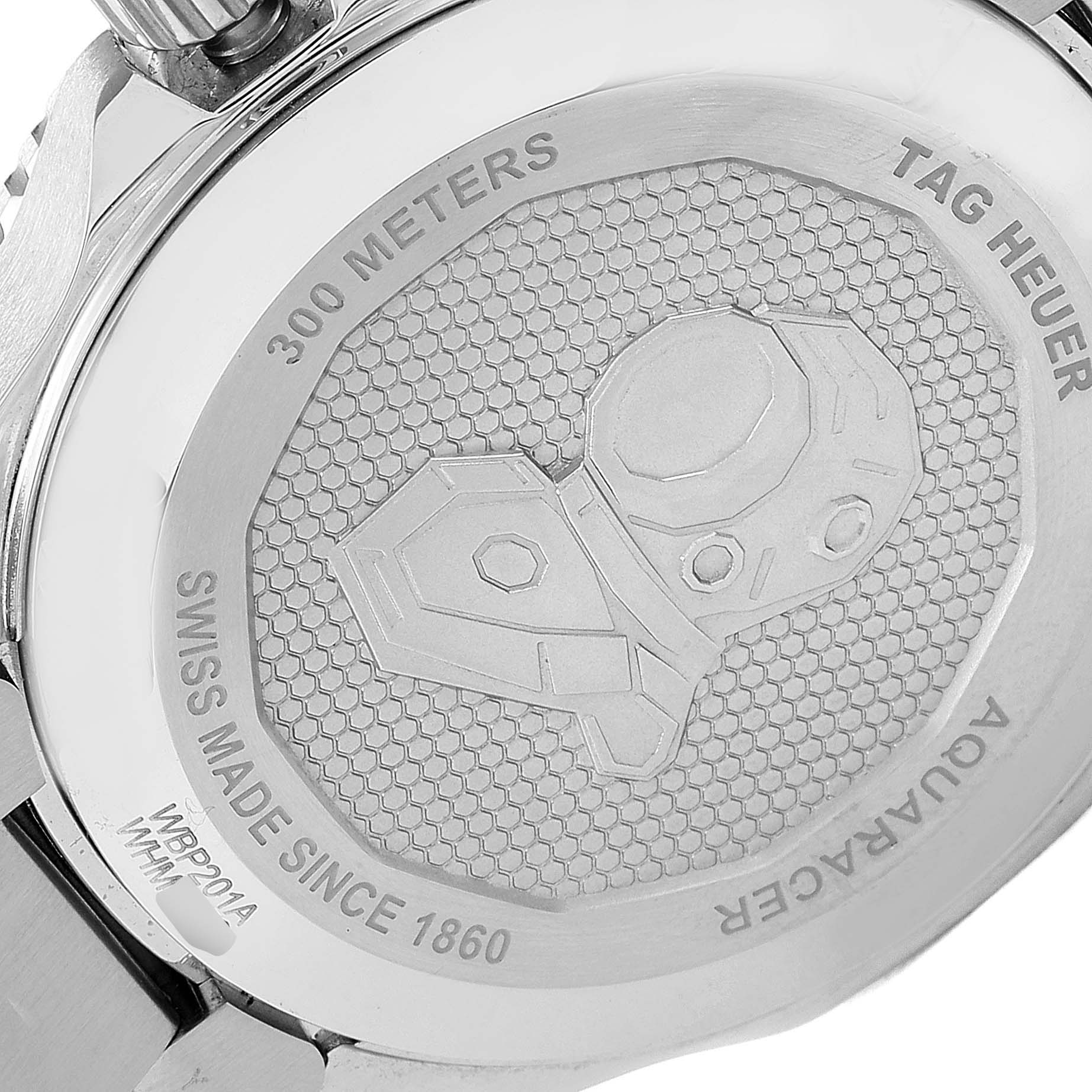 The image shows the back case of a Tag Heuer Aquaracer WBP201A.BA0632 Men's Stainless Steel Black Dial WBP201A.BA0632 Men's Stainless Steel Black Dial watch, highlighting its engraving and water resistance rating.