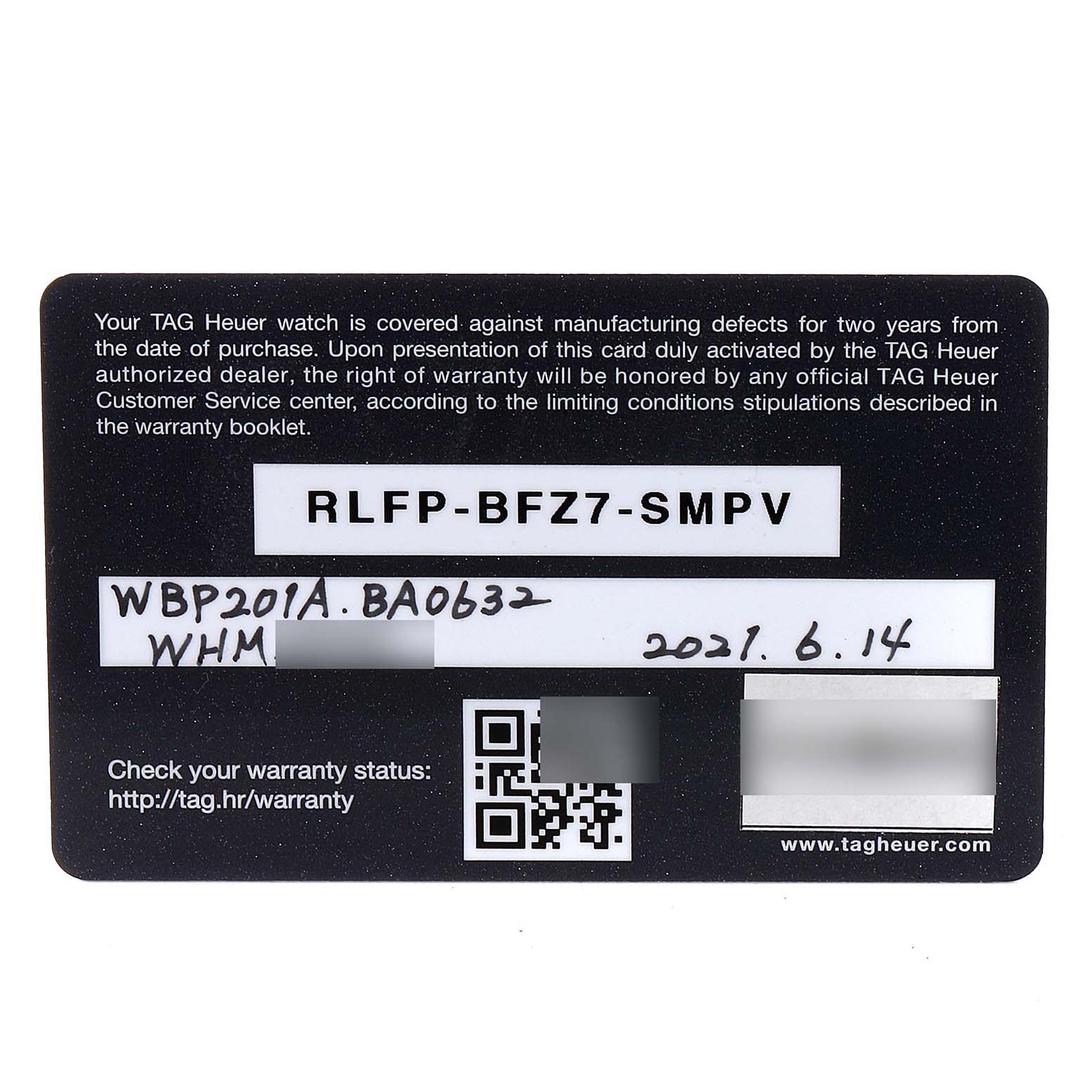 The image shows the warranty card for a Tag Heuer Aquaracer WBP201A.BA0632 Men's Stainless Steel Black Dial WBP201A.BA0632 Men's Stainless Steel Black Dial watch, displaying the serial number and purchase date.