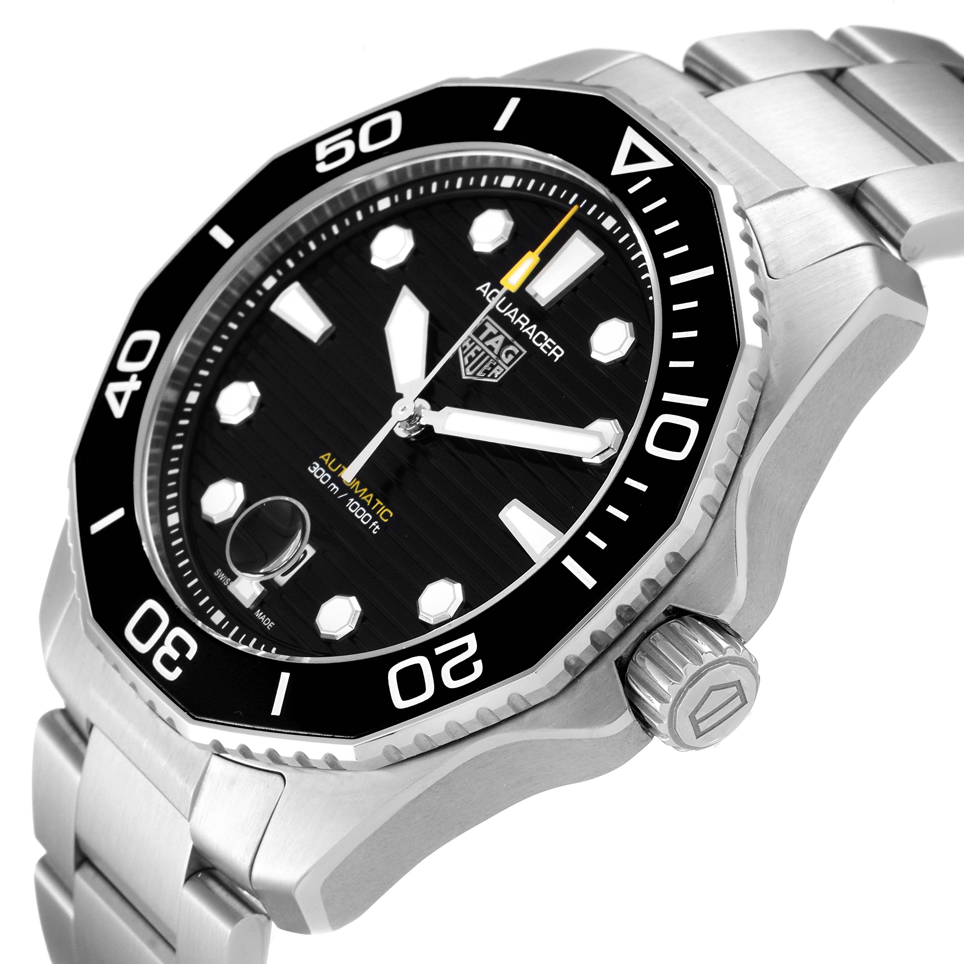 This Tag Heuer Aquaracer WBP201A.BA0632 Men's Stainless Steel Black Dial WBP201A.BA0632 Men's Stainless Steel Black Dial watch is shown from an angled side view, featuring its bezel, dial, and bracelet.