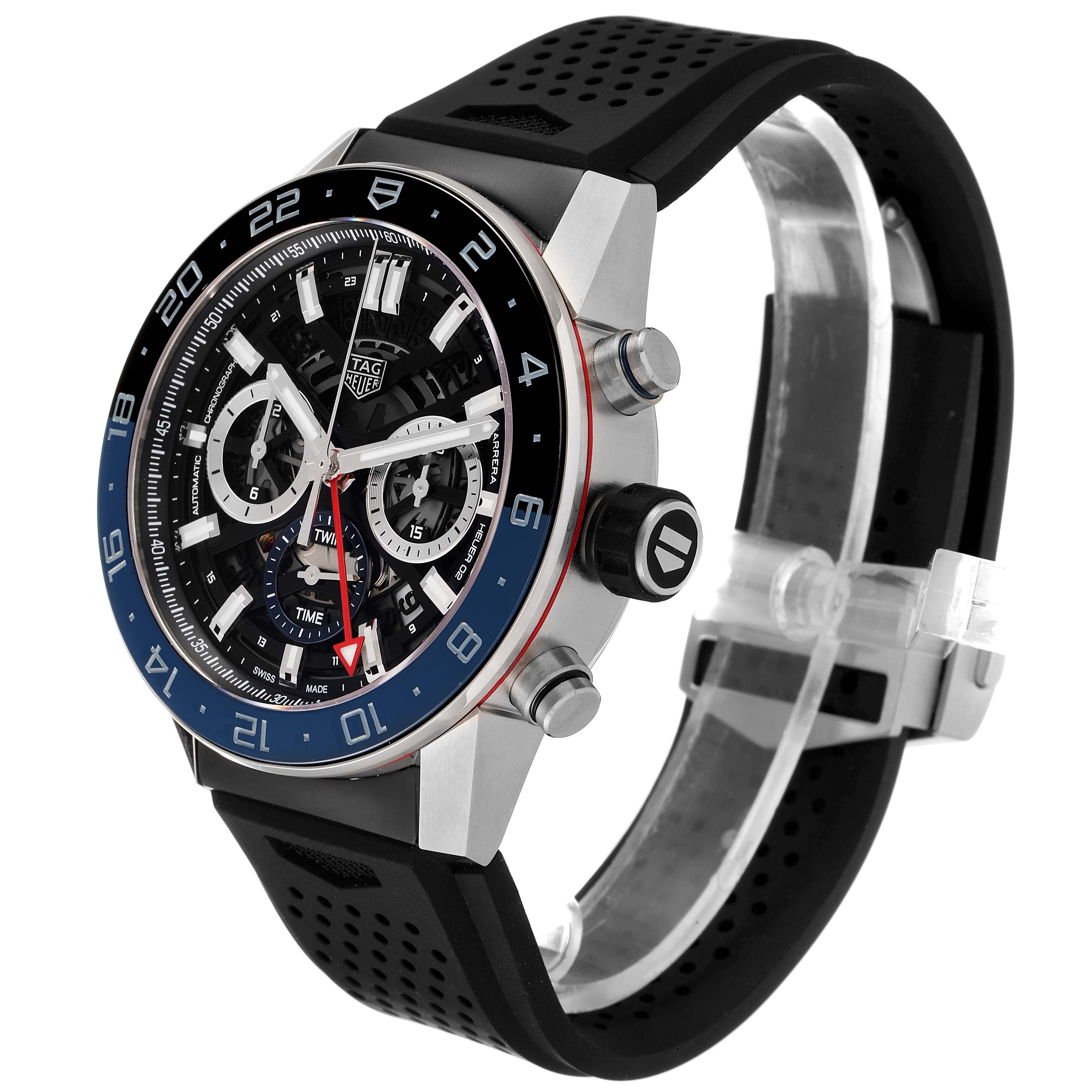 This image shows a side view angle of the Tag Heuer Carrera CBG2A11.FC6460 Men
s Stainless Steel Blue Dial CBG2A11.FC6460 Men
s Stainless Steel Blue Dial watch, highlighting the face, bezel, crown, and band.