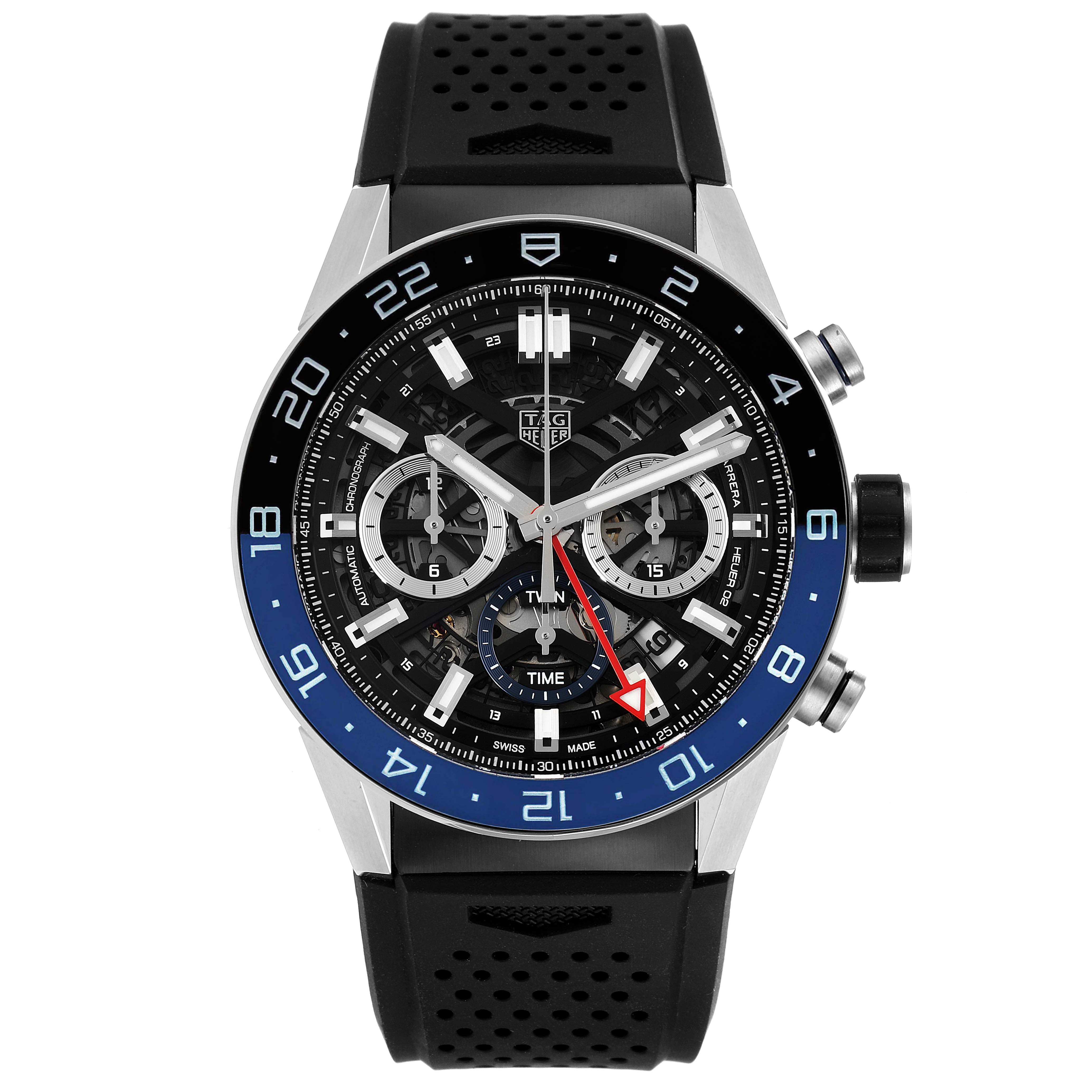 The image shows a front view of the Tag Heuer Carrera CBG2A11.FC6460 Men
s Stainless Steel Blue Dial CBG2A11.FC6460 Men
s Stainless Steel Blue Dial watch, displaying the face, bezel, and perforated black strap.